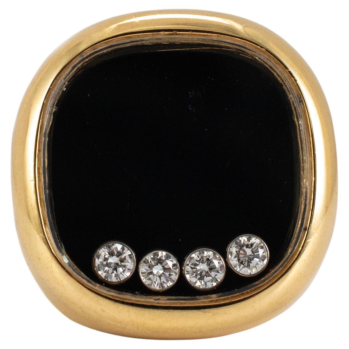 Anello Chopard Happy Diamonds in oro giallo 18 carati con onice e firma galleggiante in vendita