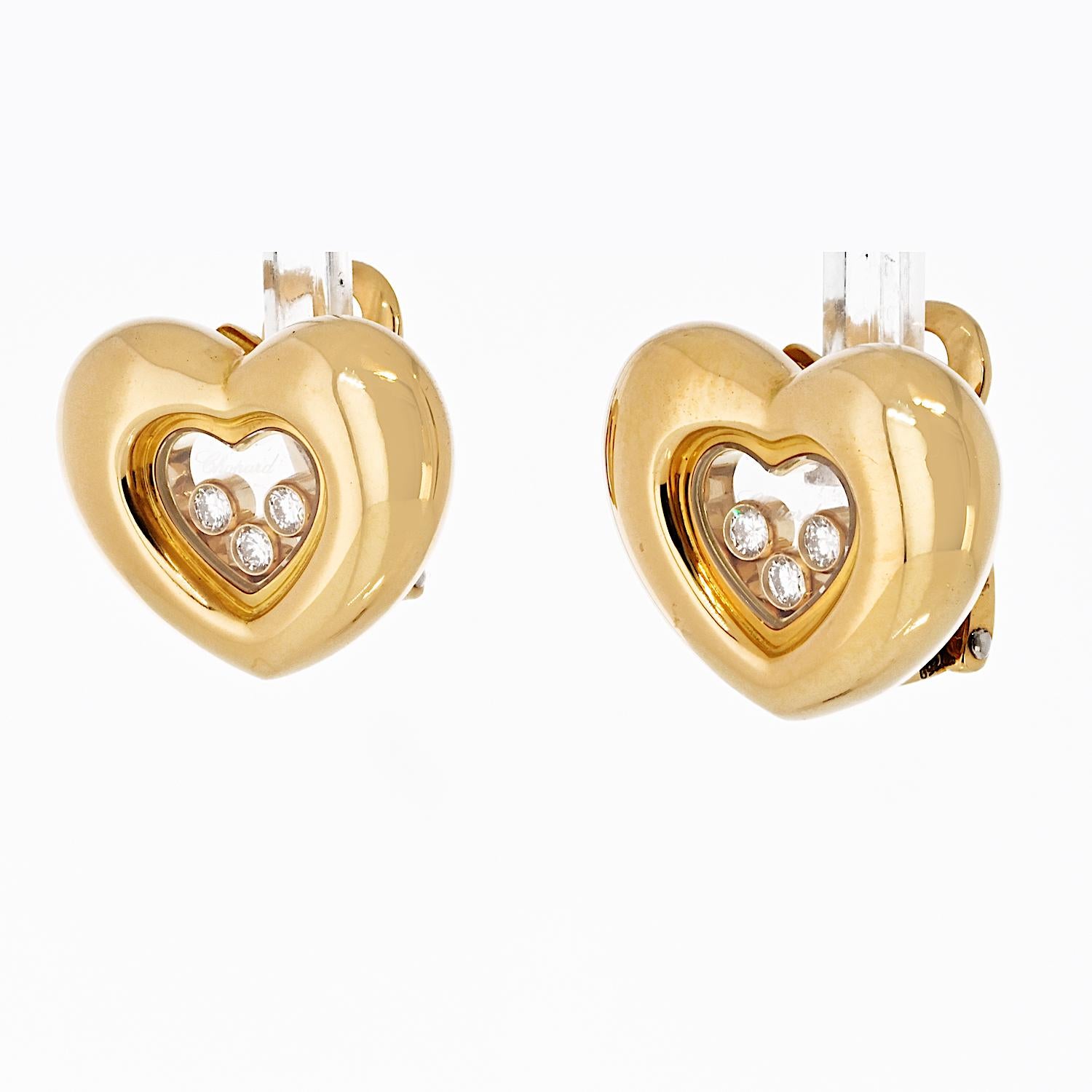 Modern Chopard Happy Diamonds 18K Yellow Gold Three Diamond Floating 0.25cttw Earrings For Sale
