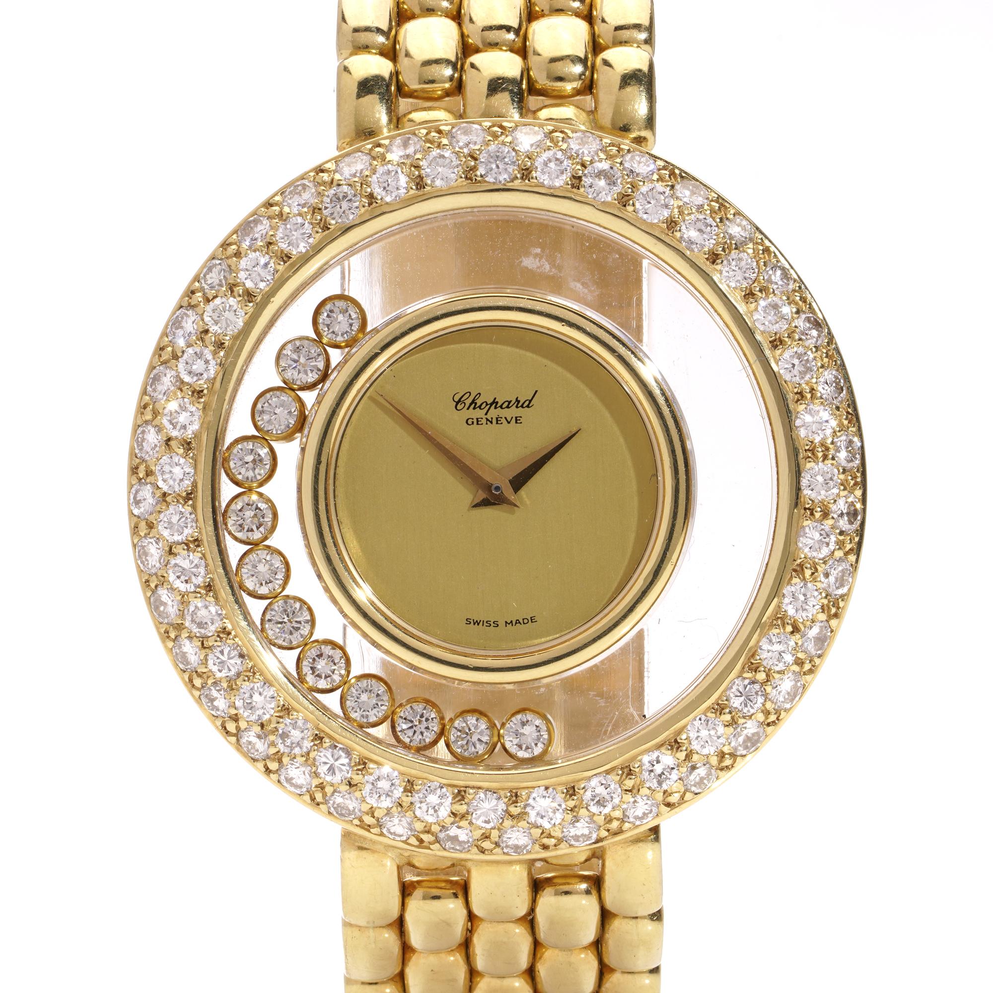 Chopard Happy Diamonds 18kt Gold Ladies Quartz Wristwatch. 
Made in Switzerland.

Year: After 2000
Reference: 287875/1170
Inner Case Size: 20  mm
Full case size: 36 mm
Movement: Quartz 
Dial: Gold 
Case Material: 18kt gold and diamonds 
Bracelet