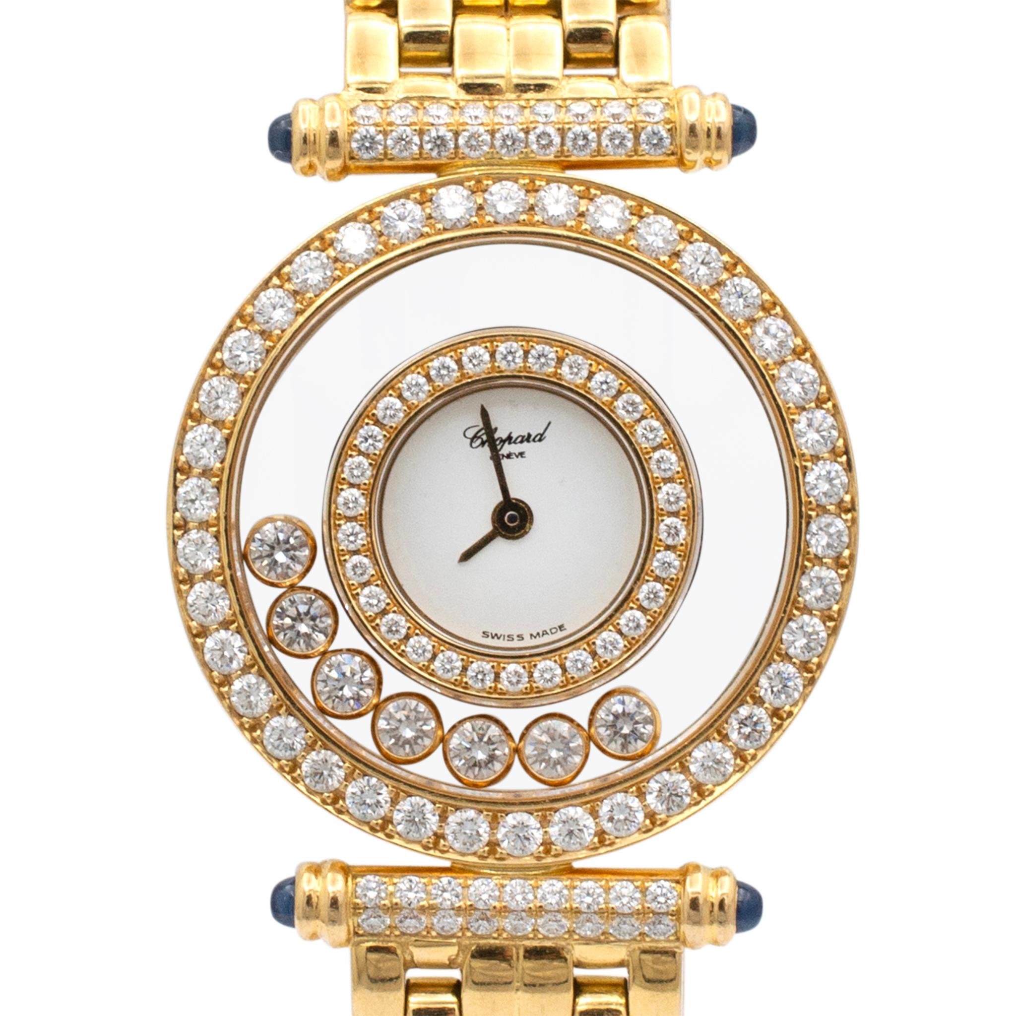 Brand: Chopard

Gender: Ladies

Metal Type: 18K Yellow Gold

Weight: 59.70 grams

Ladies 18K yellow gold diamond Chopard Swiss made watch. Engraved with 