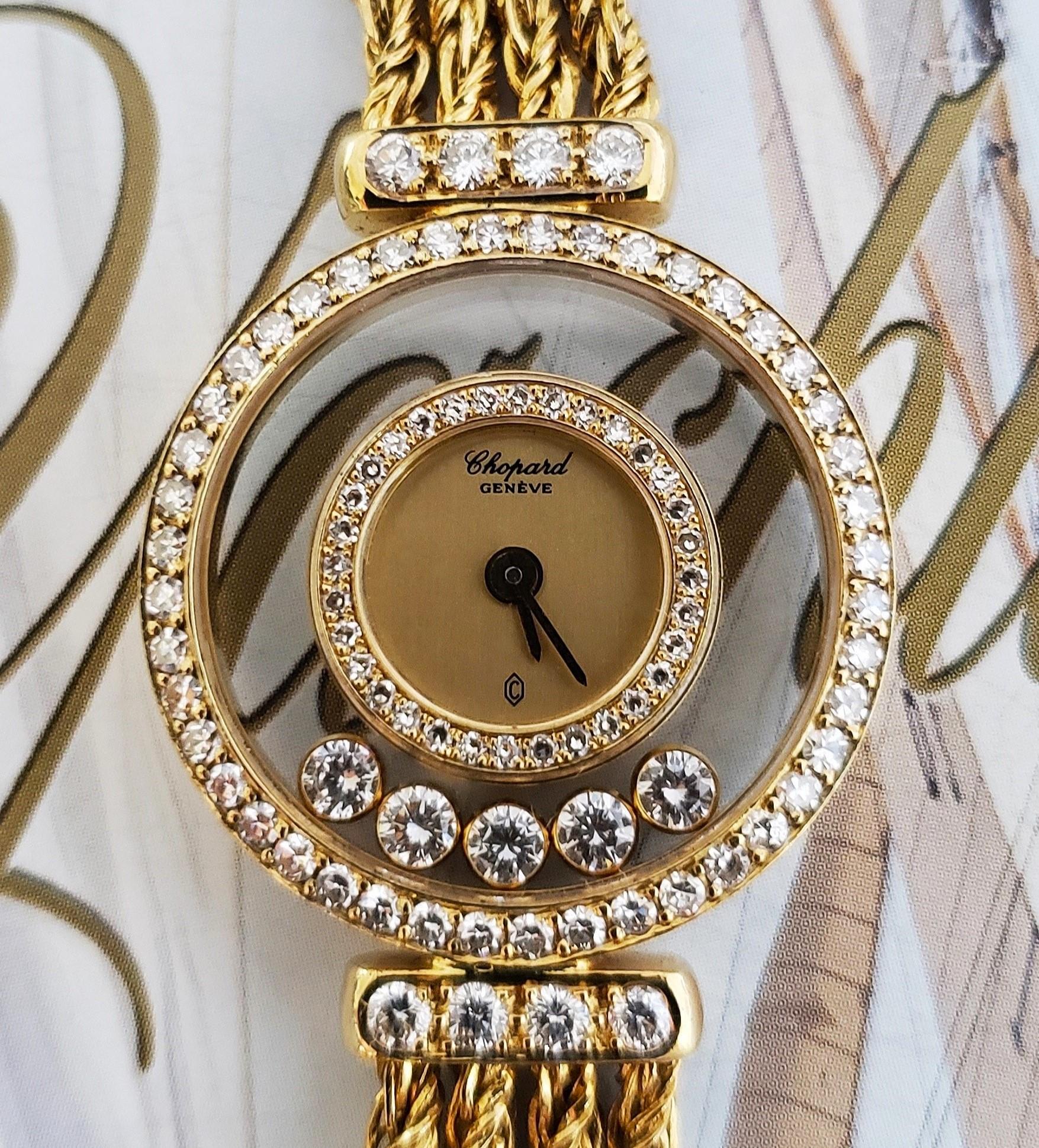 This is a quiet celebration of precision, memory, and feminine grace.

Crafted in luminous 18K gold, this vintage Chopard timepiece carries 90 brilliant round-cut diamonds (vvs2, e/f, 1.3ct approx.). Five diamonds dance beneath the crystal, while