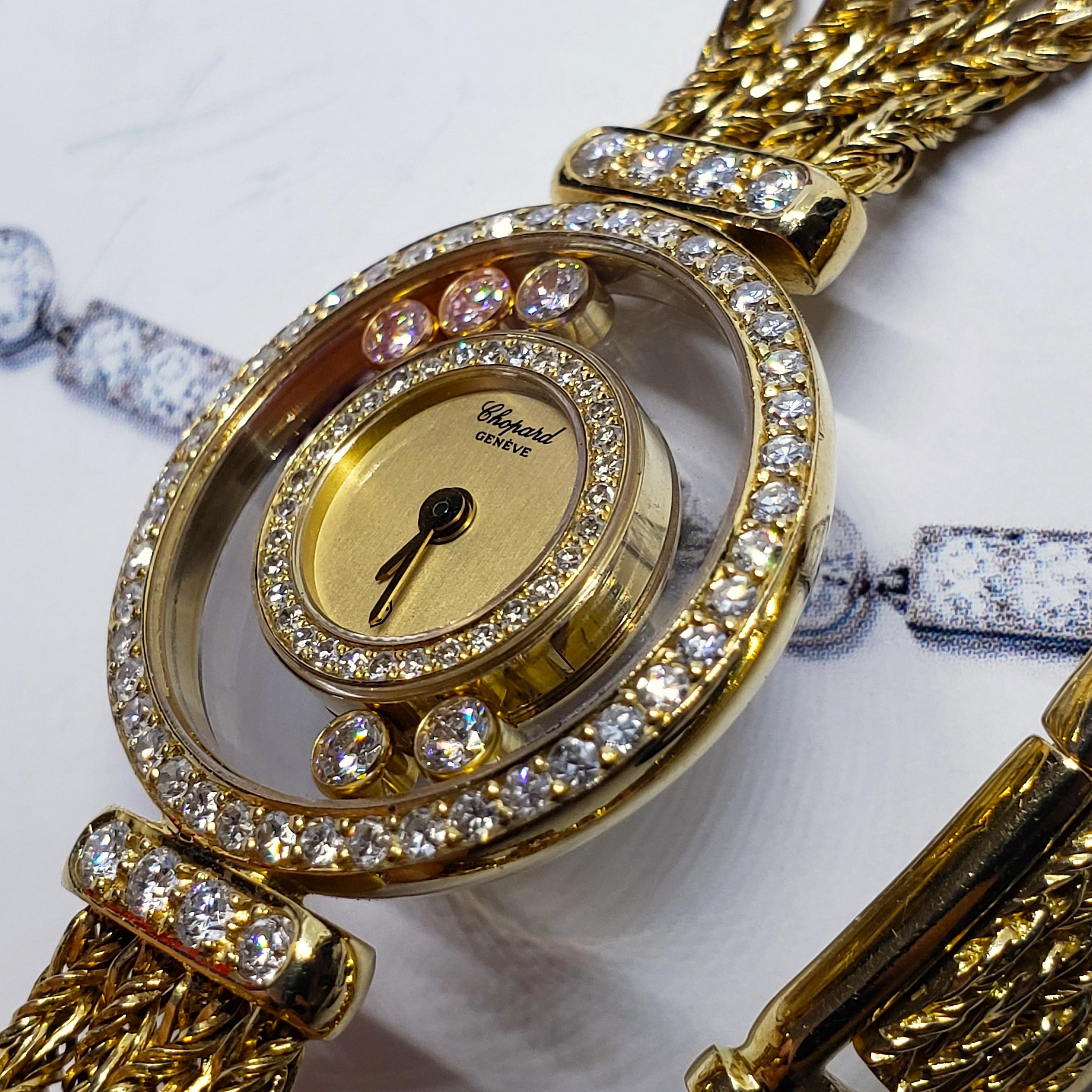 Brilliant Cut Chopard Happy Diamonds 4066M — 18K Gold 1990s Vintage Watch  total 90 diamonds For Sale