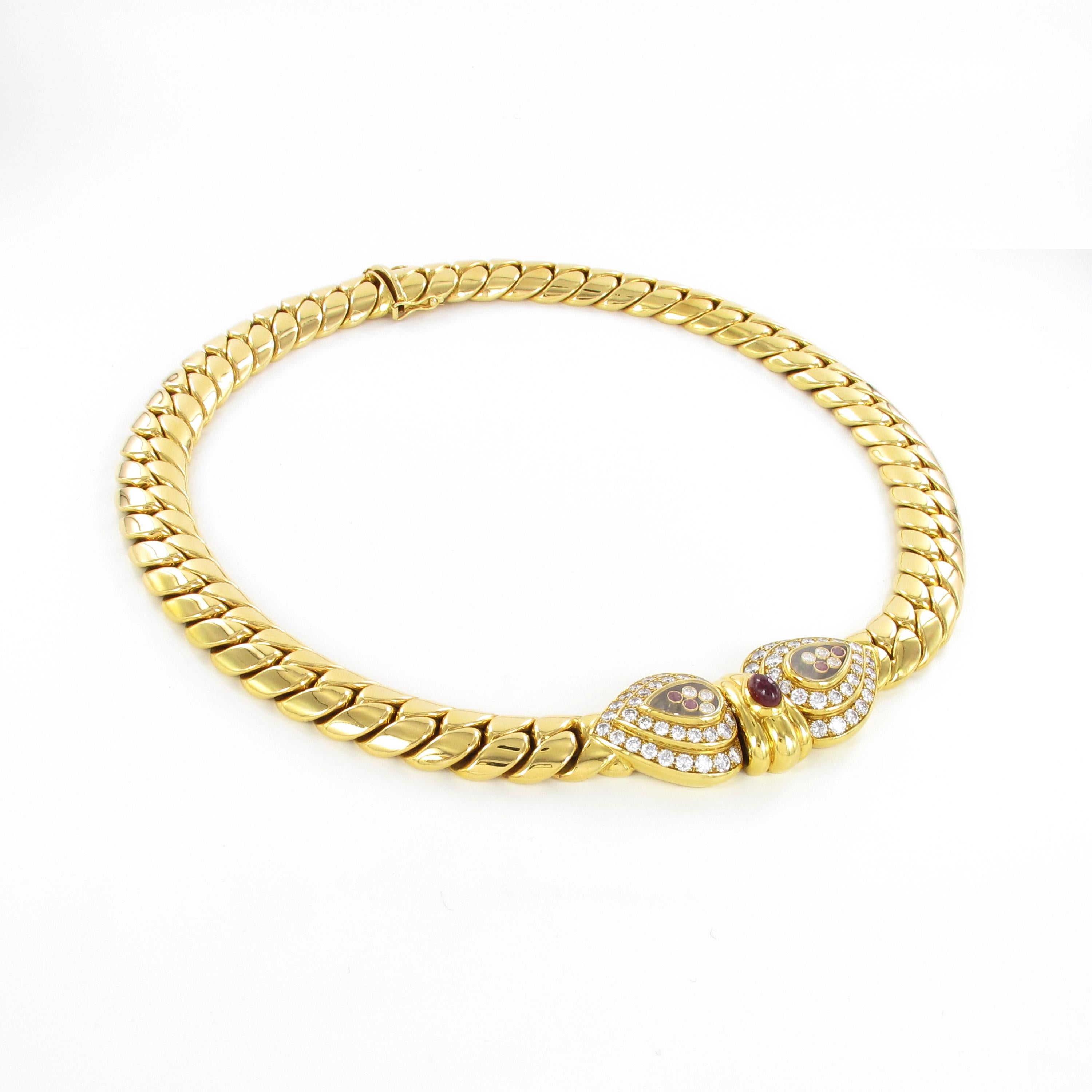 Women's or Men's Chopard Happy Diamonds and Rubies Necklace 18 Karat Yellow Gold