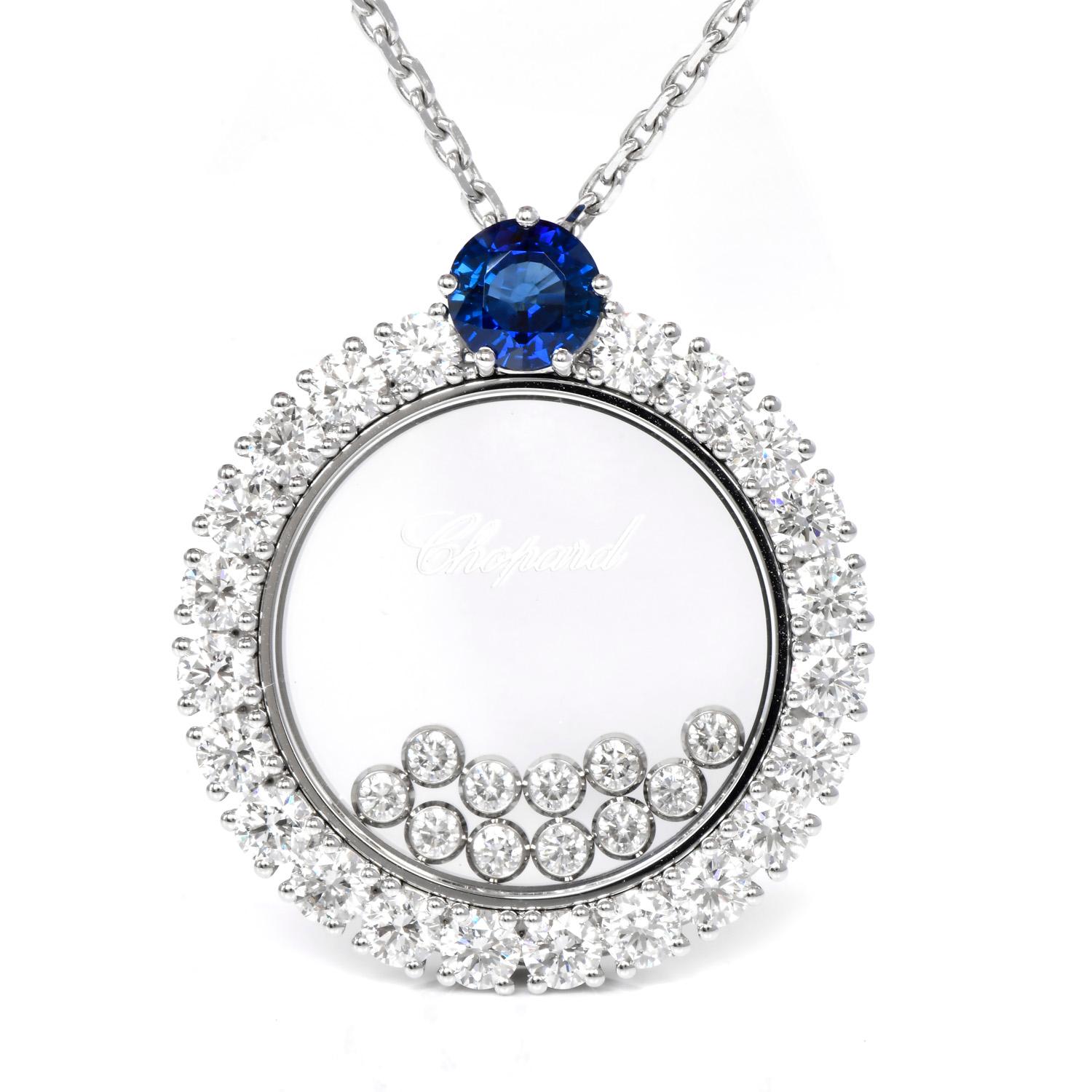 This Exquisite Chopard Happy Diamonds Necklace from the Icons collections is the perfect balance between Luxury and Everyday wear,

The floating diamond necklace is finely crafted from luxurious 18K white gold.

This necklace features one stunning