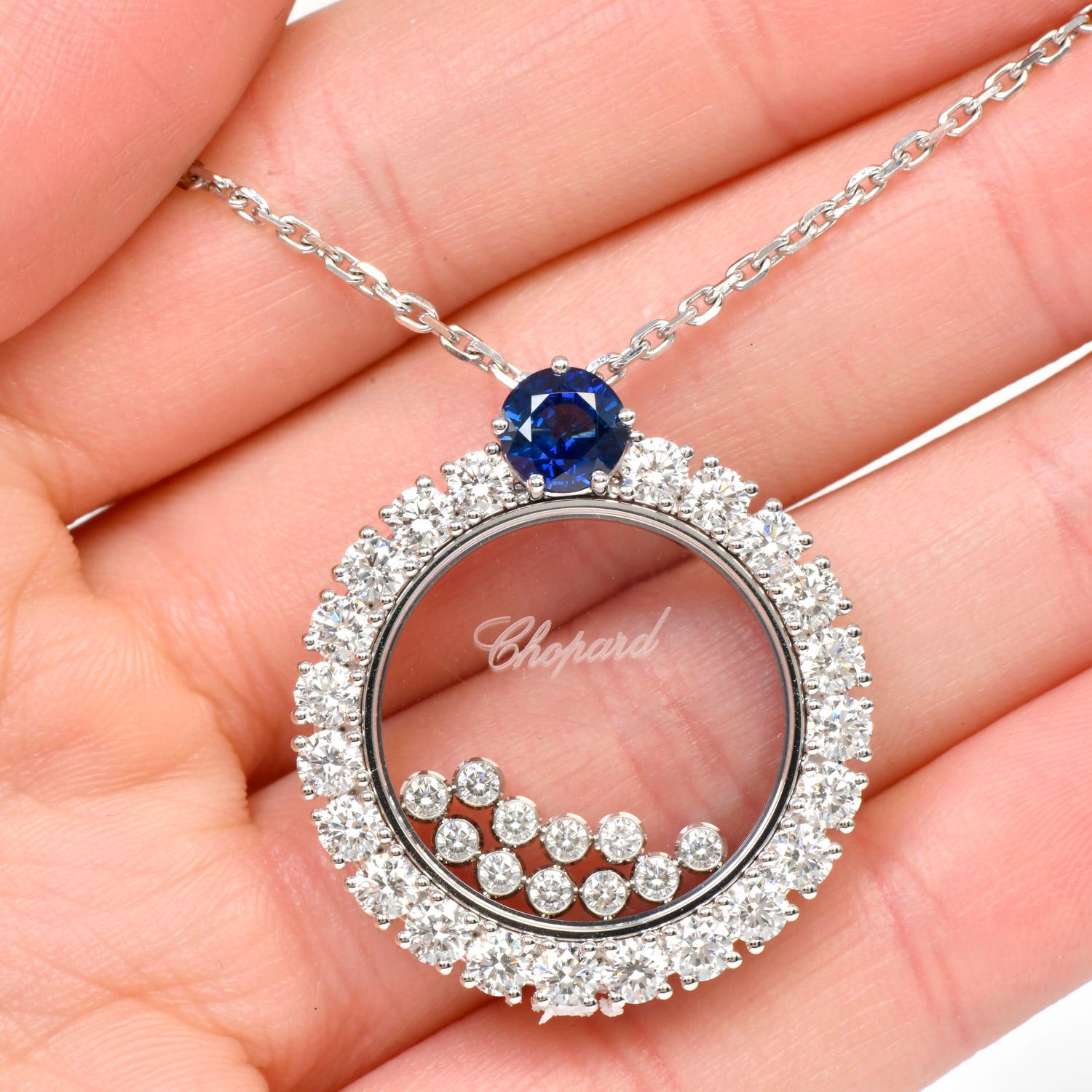Chopard Collier pendentif Happy Diamonds en or 18 carats avec cercle de saphirs bleus Excellent état - En vente à Miami, FL
