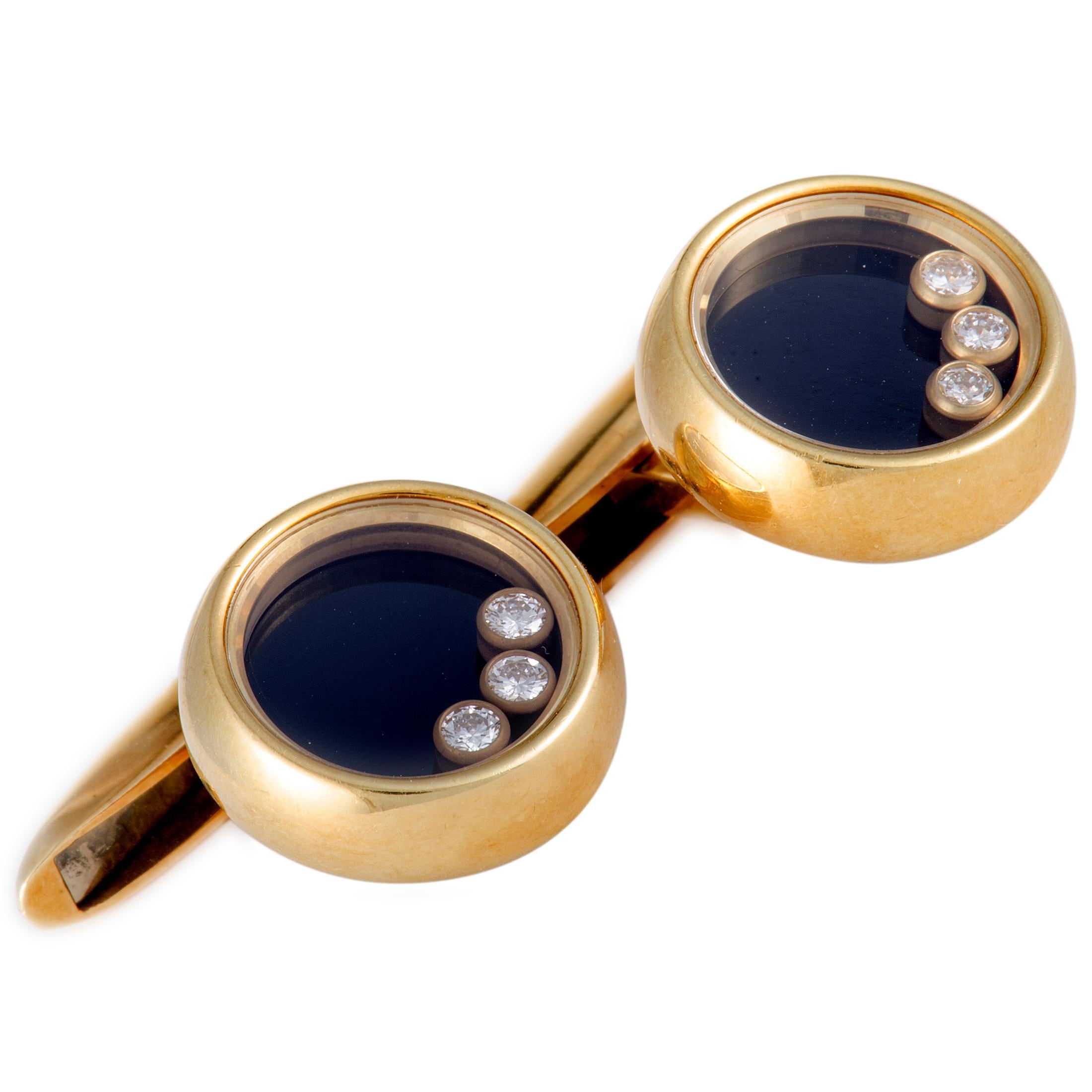 Presented within Chopard’s iconic “Happy diamonds” collection, these exquisite 18K yellow gold cufflinks feature an exceptionally elegant design, offering a look of utmost refinement. The cufflinks are decorated with striking onyx and with six