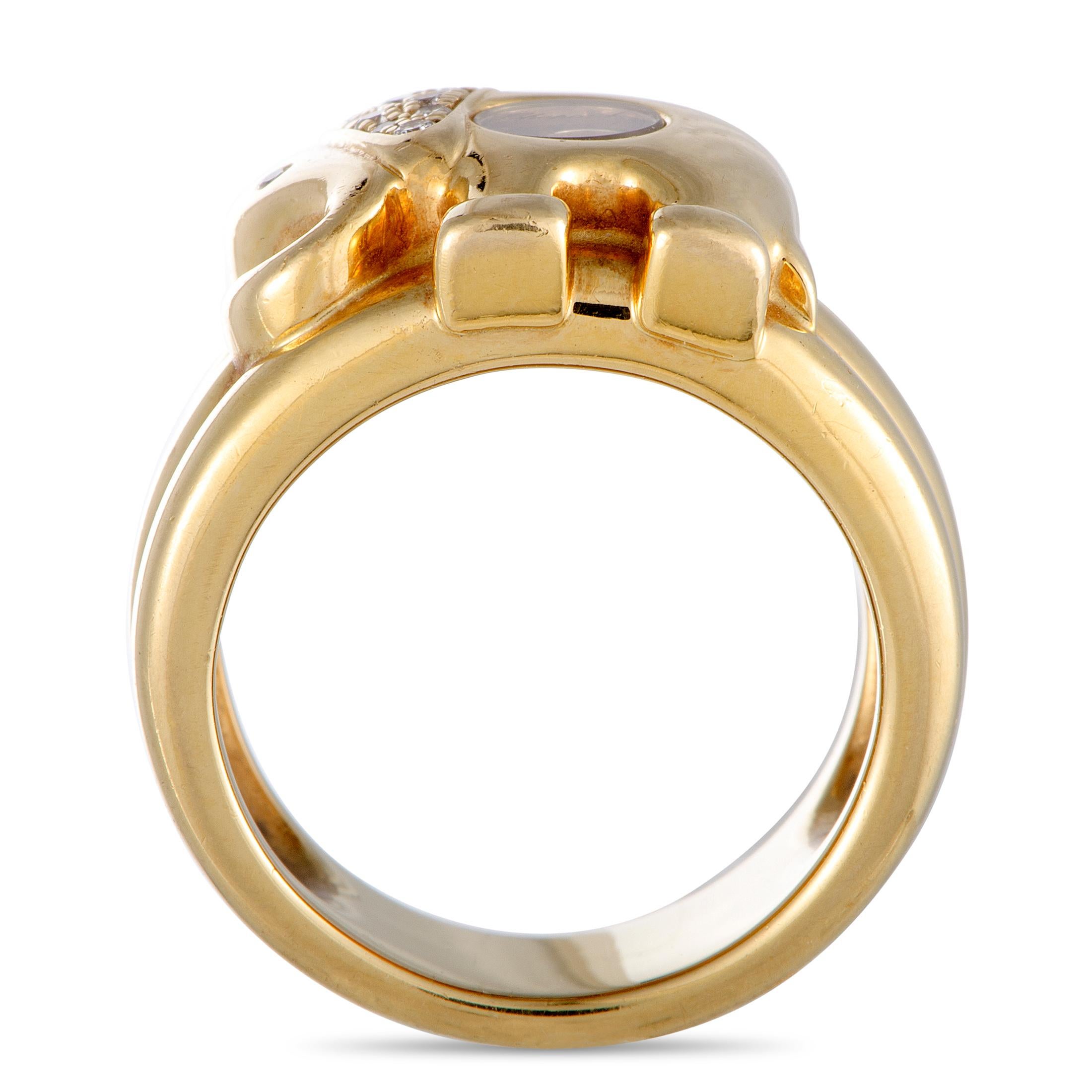 The Chopard “Happy Diamonds” ring is made out of 18K yellow gold and diamonds and weighs 17.3 grams. It boasts band thickness of 8 mm and top height of 4 mm, while top dimensions measure 14 by 15 mm.

This jewelry piece is offered in estate