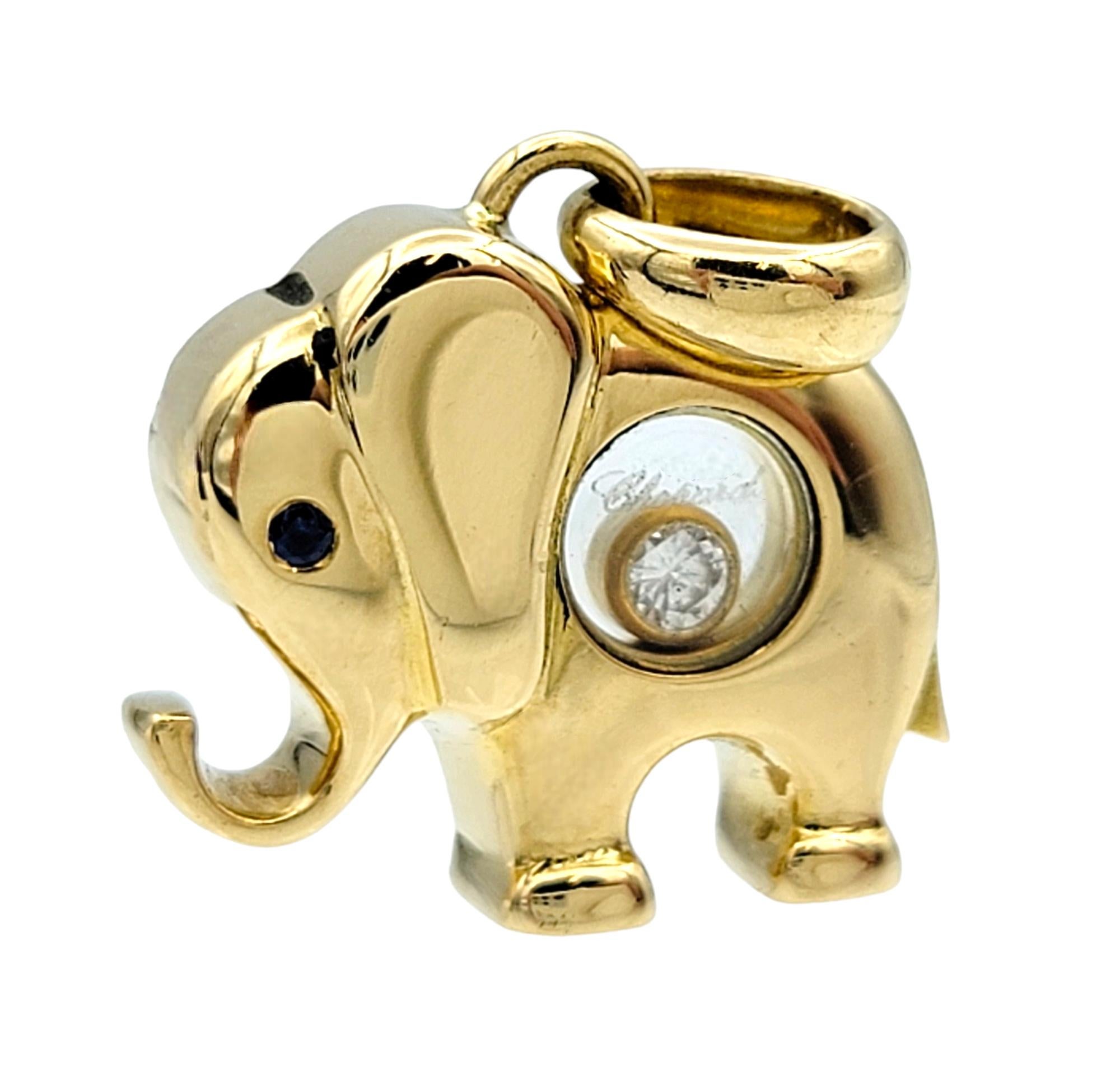 The Chopard Happy Diamonds elephant pendant, crafted in luxurious 18 karat yellow gold, is a delightful expression of whimsy and elegance. At the center of the pendant, a charming elephant motif captures attention with its intricate detailing and