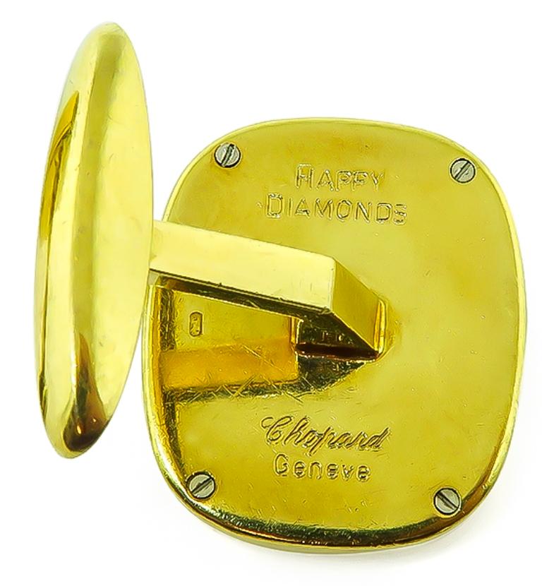 This elegant pair of 18k yellow gold cufflinks by Chopard from the Happy Diamonds collection feature sparkling round cut diamonds that weigh approximately 1.00ct. graded E color with VS1 clarity. The head of the cufflinks measure 19mm by 22mm.
They