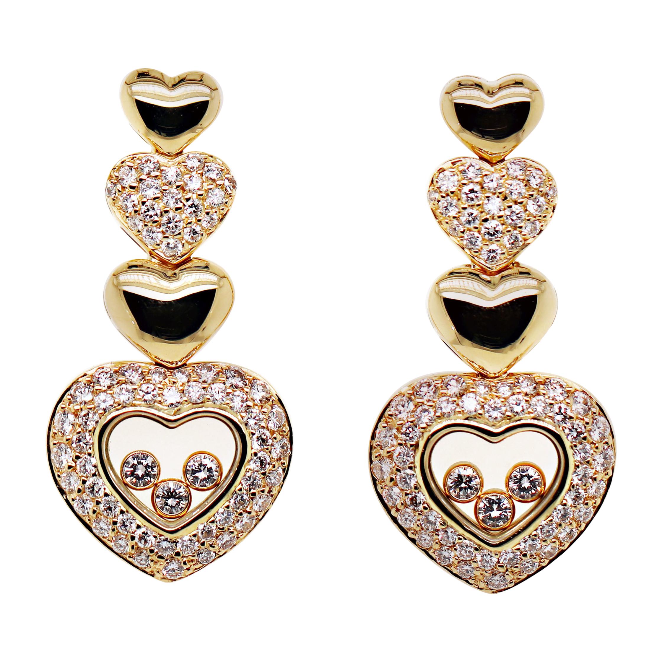 Chopard $8,700 Chopard 18K Yellow Gold Happy Floating Diamond Heart Drop Dangle Earrings 