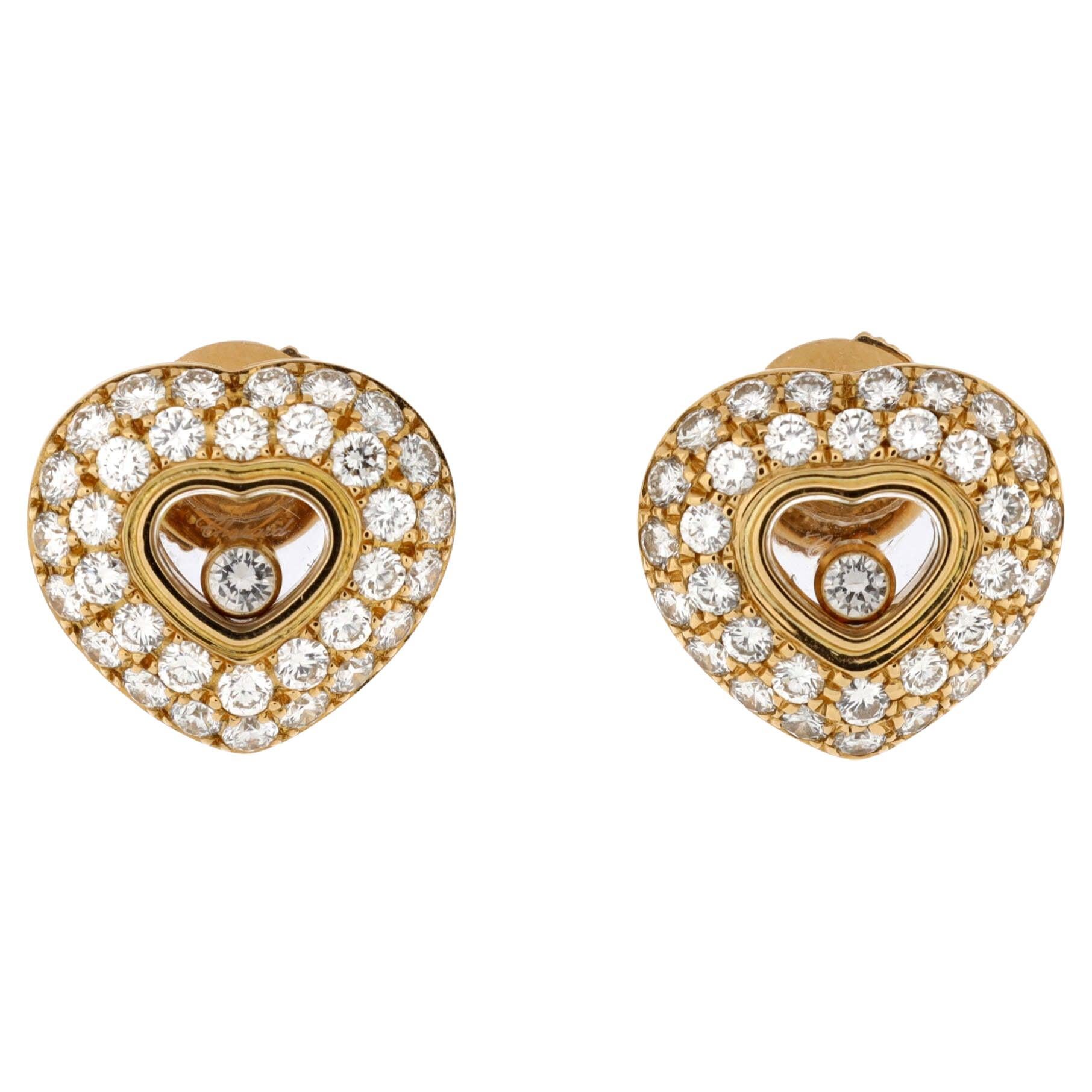 Chopard Happy Diamonds Heart Earrings 18K Yellow Gold with Pave Diamonds  For Sale