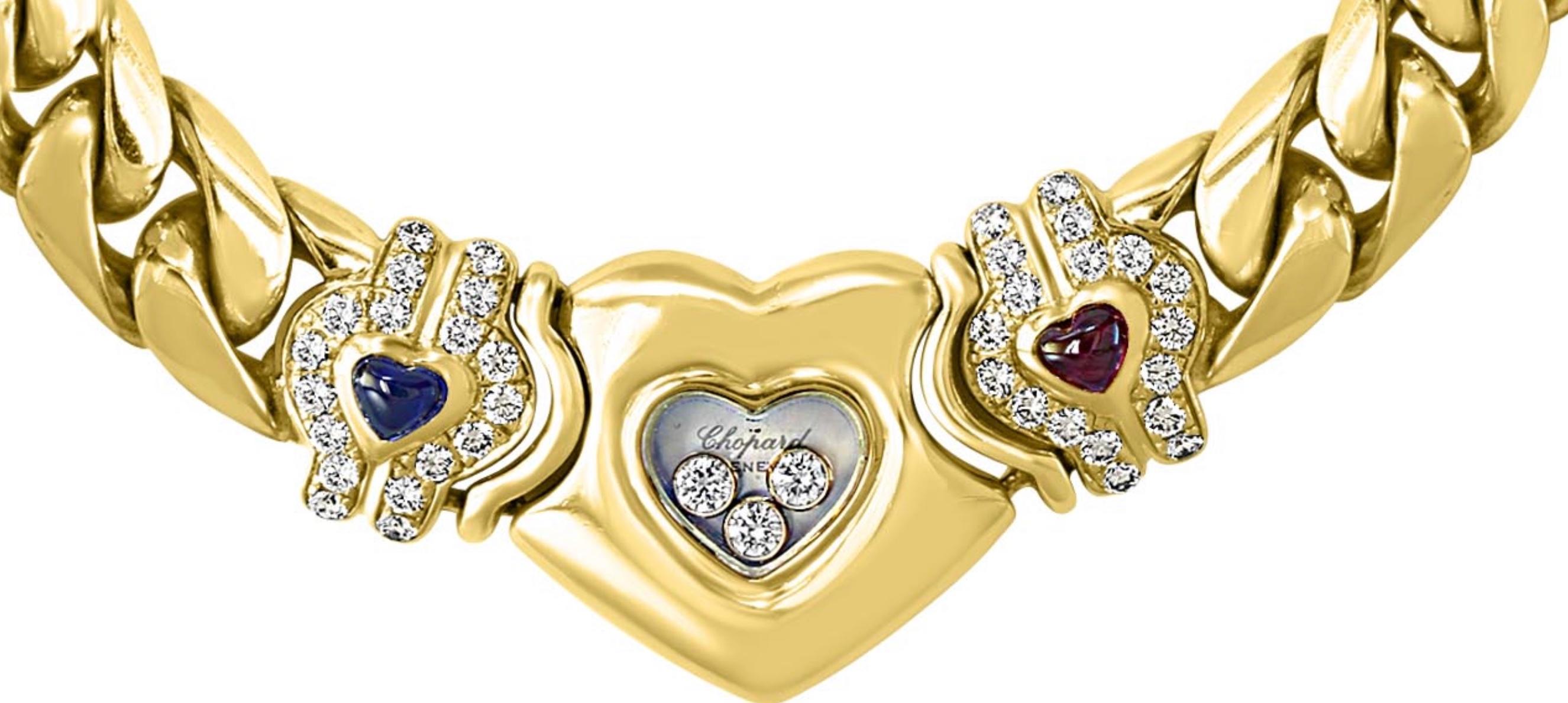 Chopard Happy Diamonds Heart Ruby, Sapphire Yellow Gold Necklace 18 Karat Gold In Excellent Condition In New York, NY