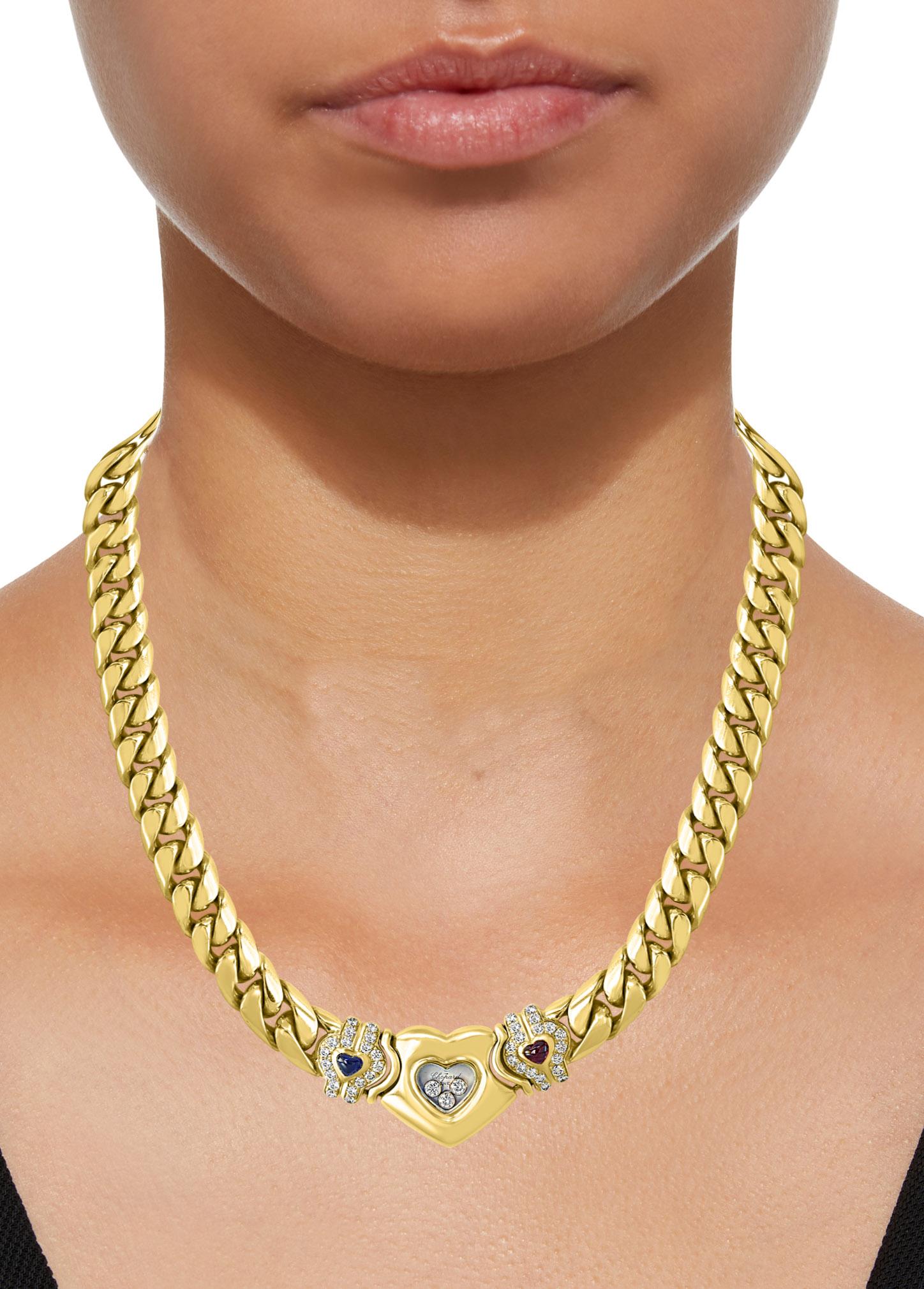 Women's Chopard Happy Diamonds Heart Ruby, Sapphire Yellow Gold Necklace 18 Karat Gold