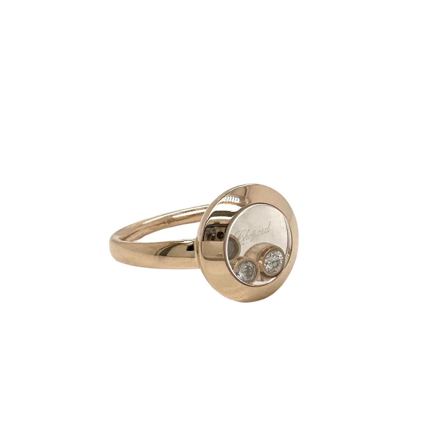 Brand: Chopard
Collection: Happy Diamonds
Stones: 3 Round Brilliant Diamonds
Total Carat Weight: 0.15 ct
Material: Rose Gold
Metal Purity: 18k
Ring Size: 6.25
Year: Unknown