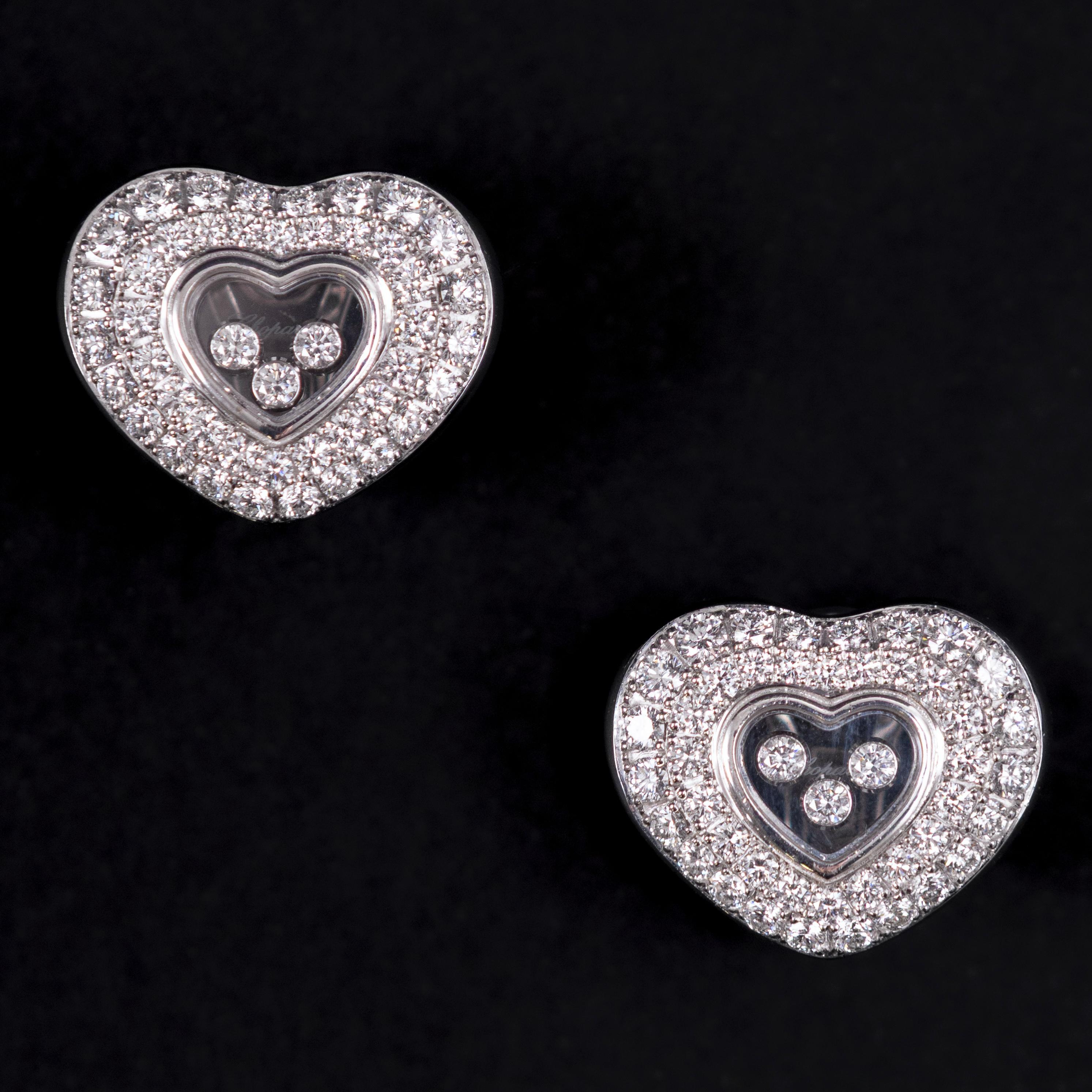 Chopard Happy Diamonds Icons Heart Ear Pins 3-Diamond Earrings Or blanc 18K en vente 2