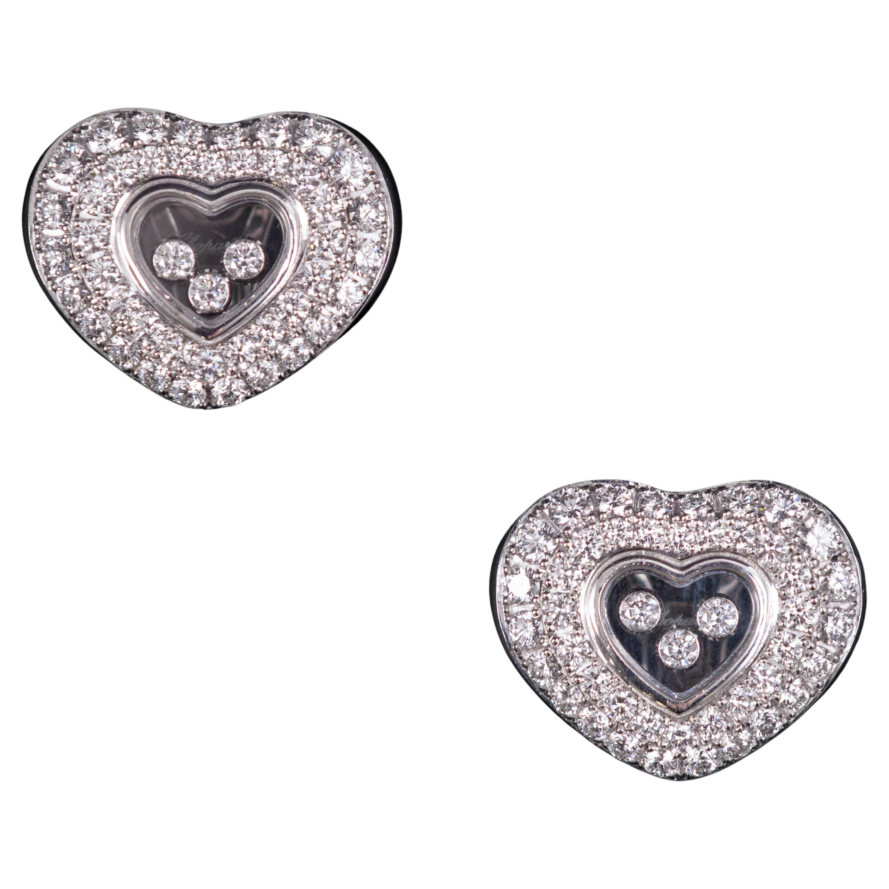 Chopard Happy Diamonds Icons Heart Ear Pins 3-Diamond Earrings Or blanc 18K en vente
