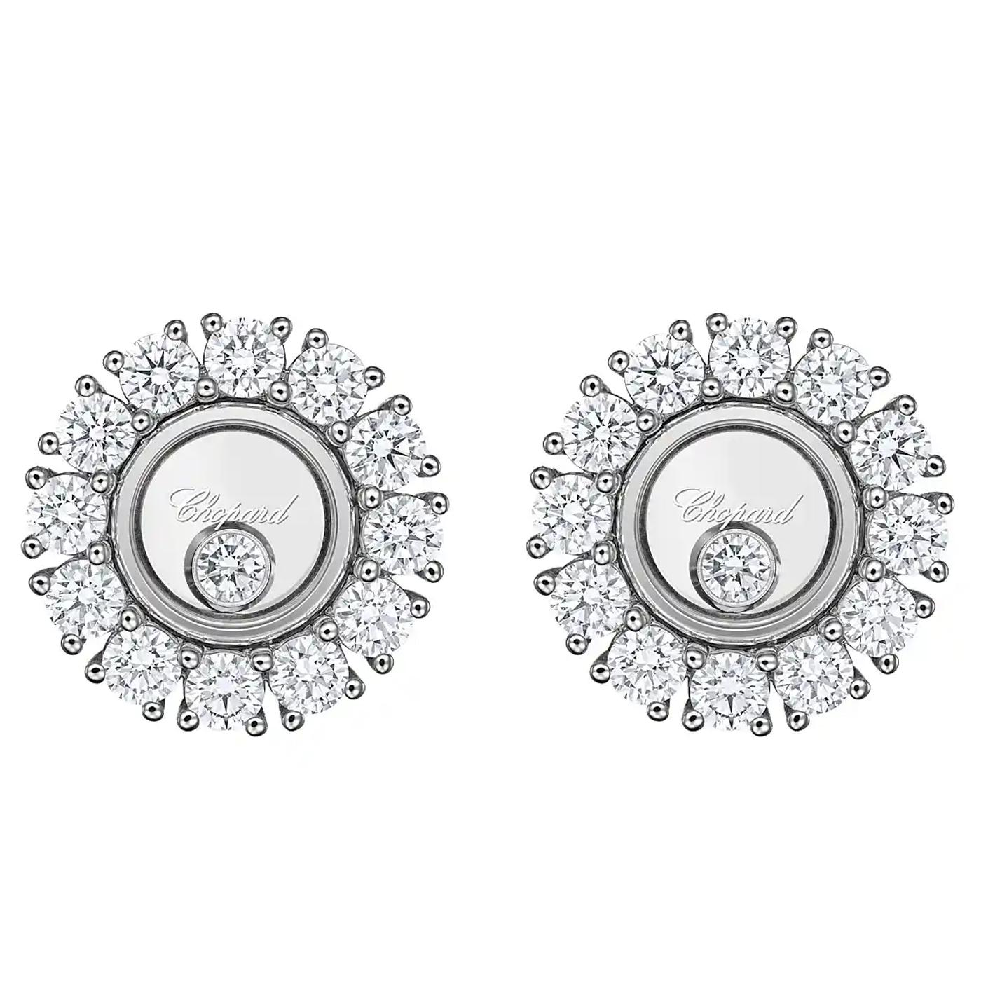 Modernist Chopard Happy Diamonds Icons Joaillerie 18K White Gold Dancing Diamond Earrings For Sale
