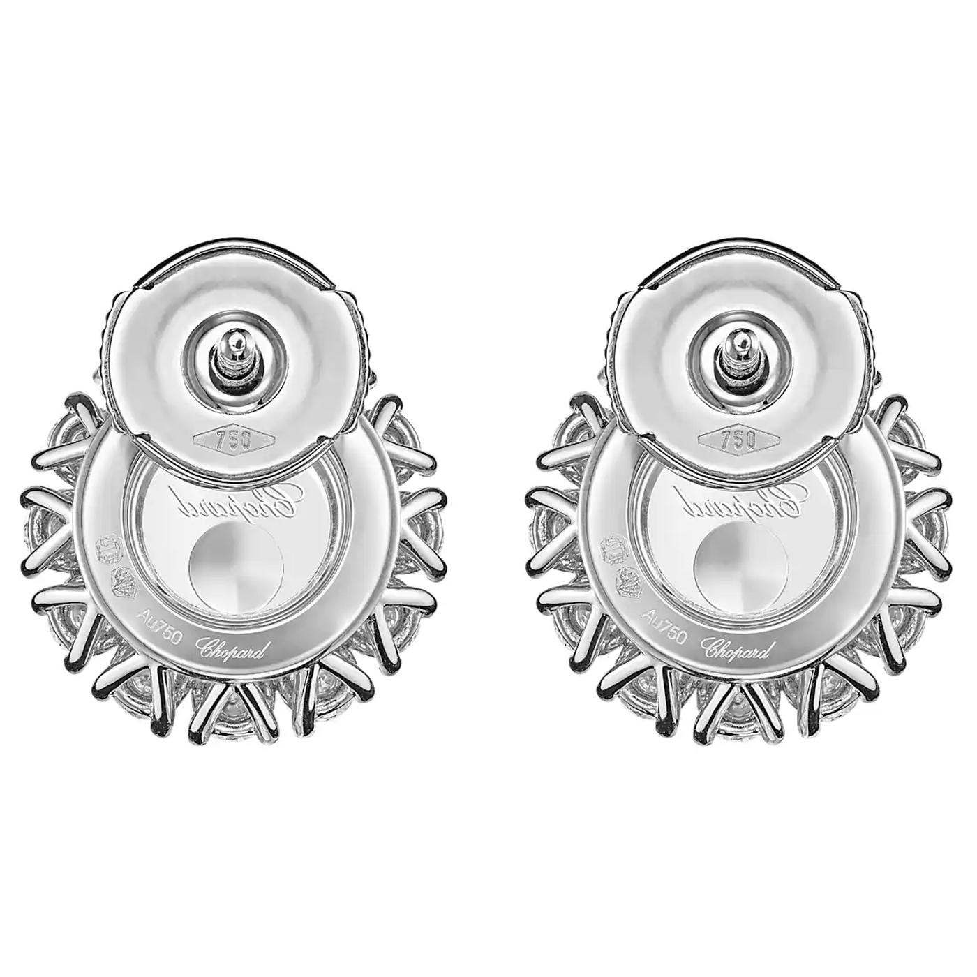 Round Cut Chopard Happy Diamonds Icons Joaillerie 18K White Gold Dancing Diamond Earrings For Sale