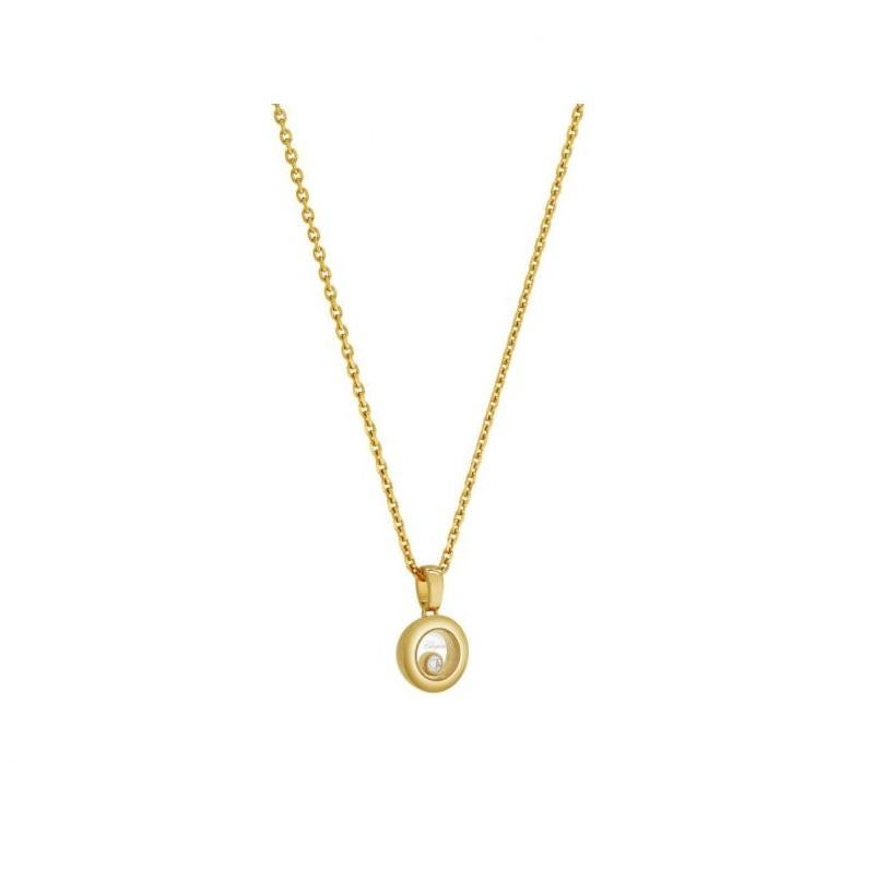 Chopard HAPPY DIAMONDS ICONS PENDANT with 18-carat yellow gold.  Inspired by sparkling drops of water in a waterfall, the freely-moving diamond held between two sapphire crystals on this new round-shaped pendant in 18K yellow gold swirls and dances,