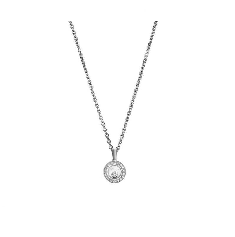 Chopard HAPPY DIAMONDS ICONS PENDANT with 18-carat white gold and diamonds.  Inspired by sparkling drops of water in a waterfall, the freely-moving diamond held between two sapphire crystals on this new diamond-set round-shaped pendant in 18K white