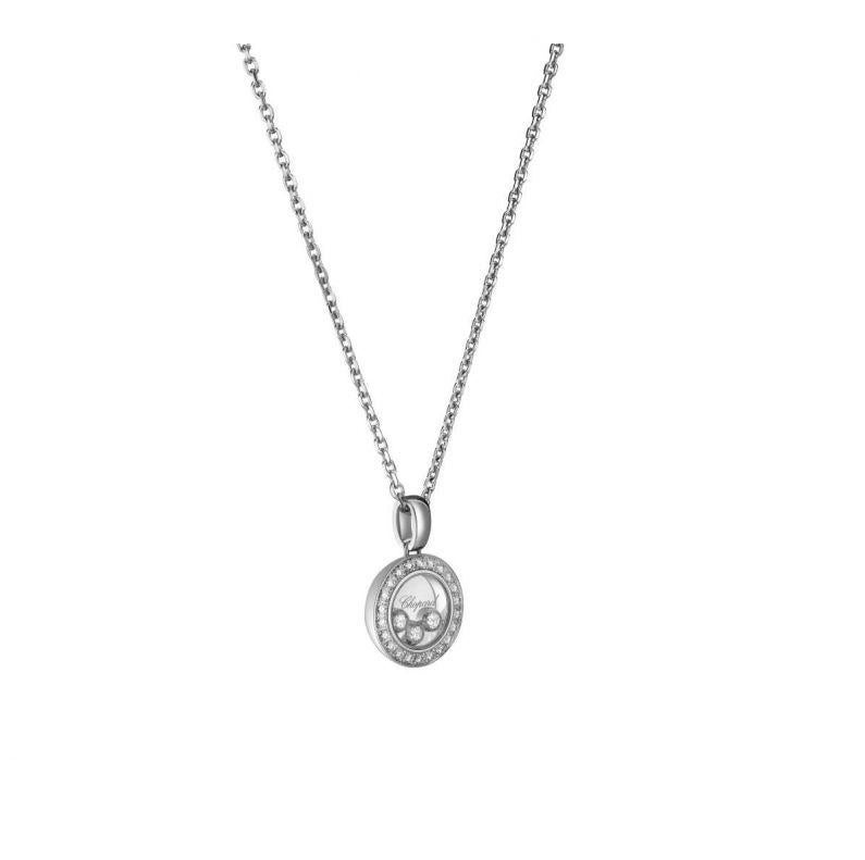 Chopard  HAPPY DIAMONDS ICONS PENDANT with 18-carat white gold and diamonds.  Inspired by sparkling drops of water in a waterfall, the 3 freely moving diamonds held between two sapphire crystals on this new diamond-set round pendant in 18K white