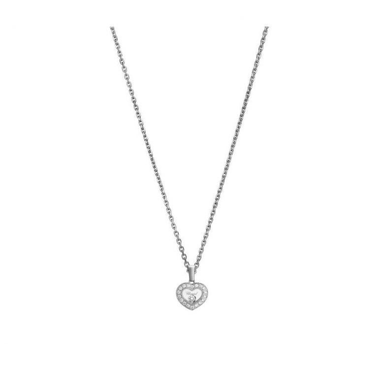 Chopard HAPPY DIAMONDS ICONS PENDANT with 18-carat white gold and diamonds.  Inspired by sparkling drops of water in a waterfall, the freely moving diamond held between two sapphire crystals on this new diamond-set heart-shaped pendant in 18-carat