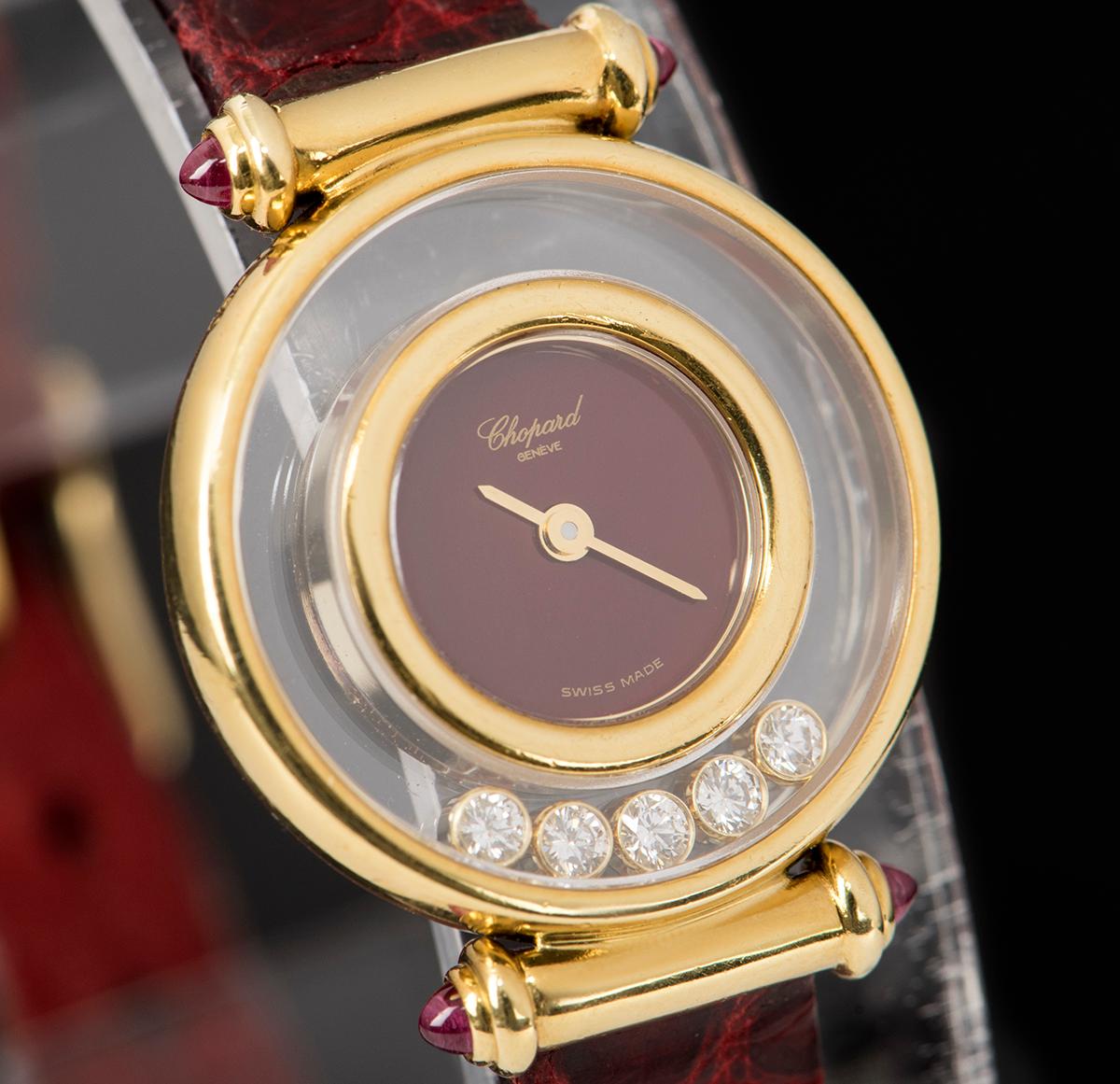 Chopard Happy Diamonds Ladies Yellow Gold Maroon Dial 20/4780-21 Quartz Watch In Excellent Condition In London, GB