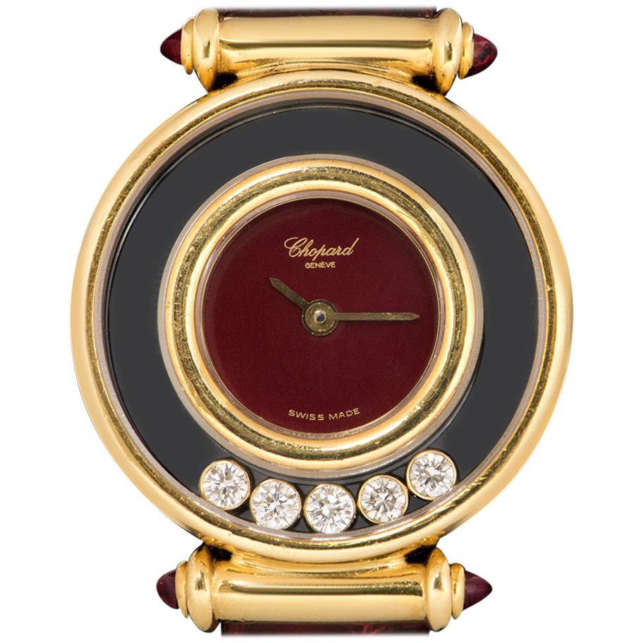 Chopard Happy Diamonds Ladies Yellow Gold Maroon Dial 20/4780-21 Quartz Watch