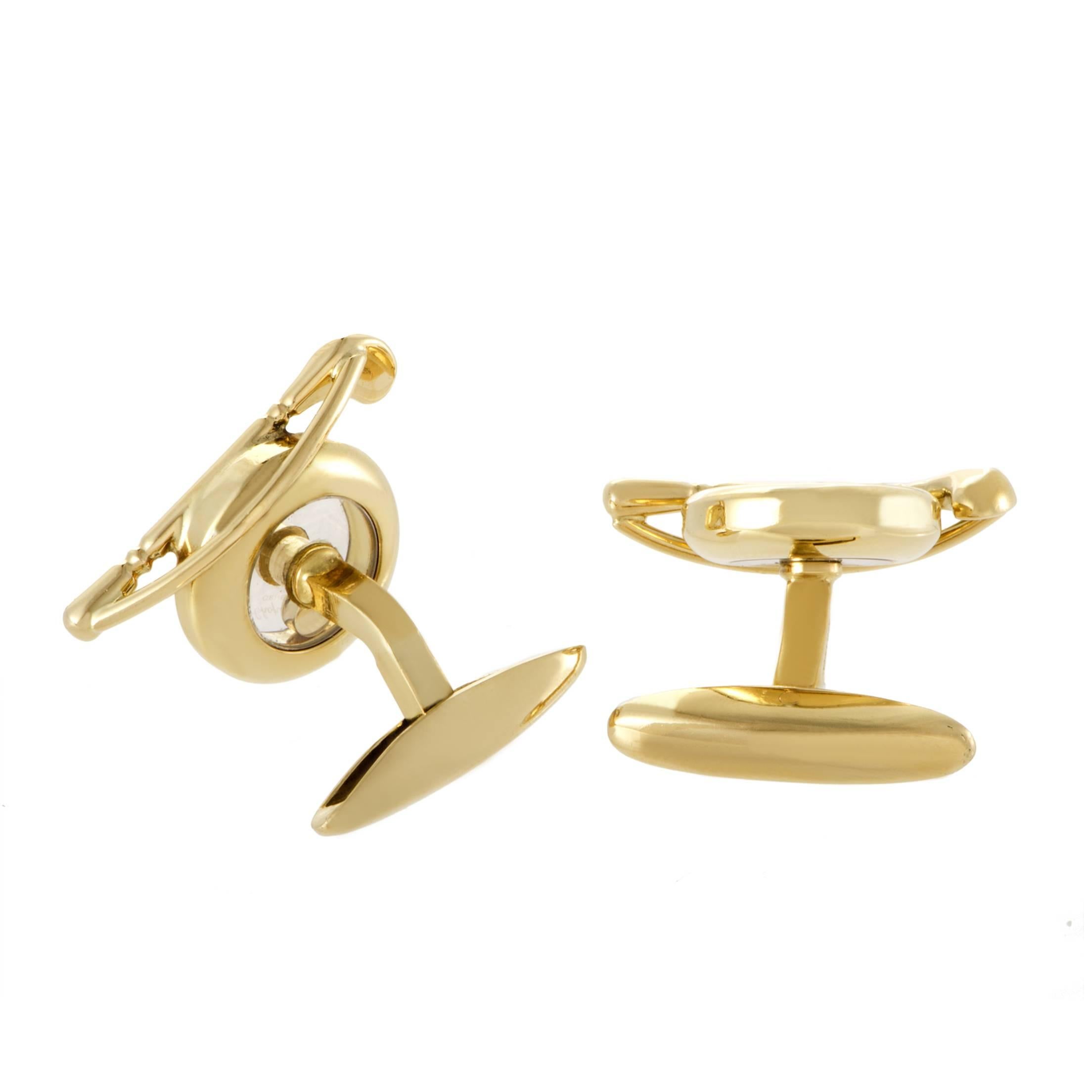 Employing their iconic feature of floating diamonds in a design that exudes aesthetic sophistication and traditional taste, Chopard created these sumptuous cufflinks which are made of luxurious 18K yellow gold for a compelling tone.