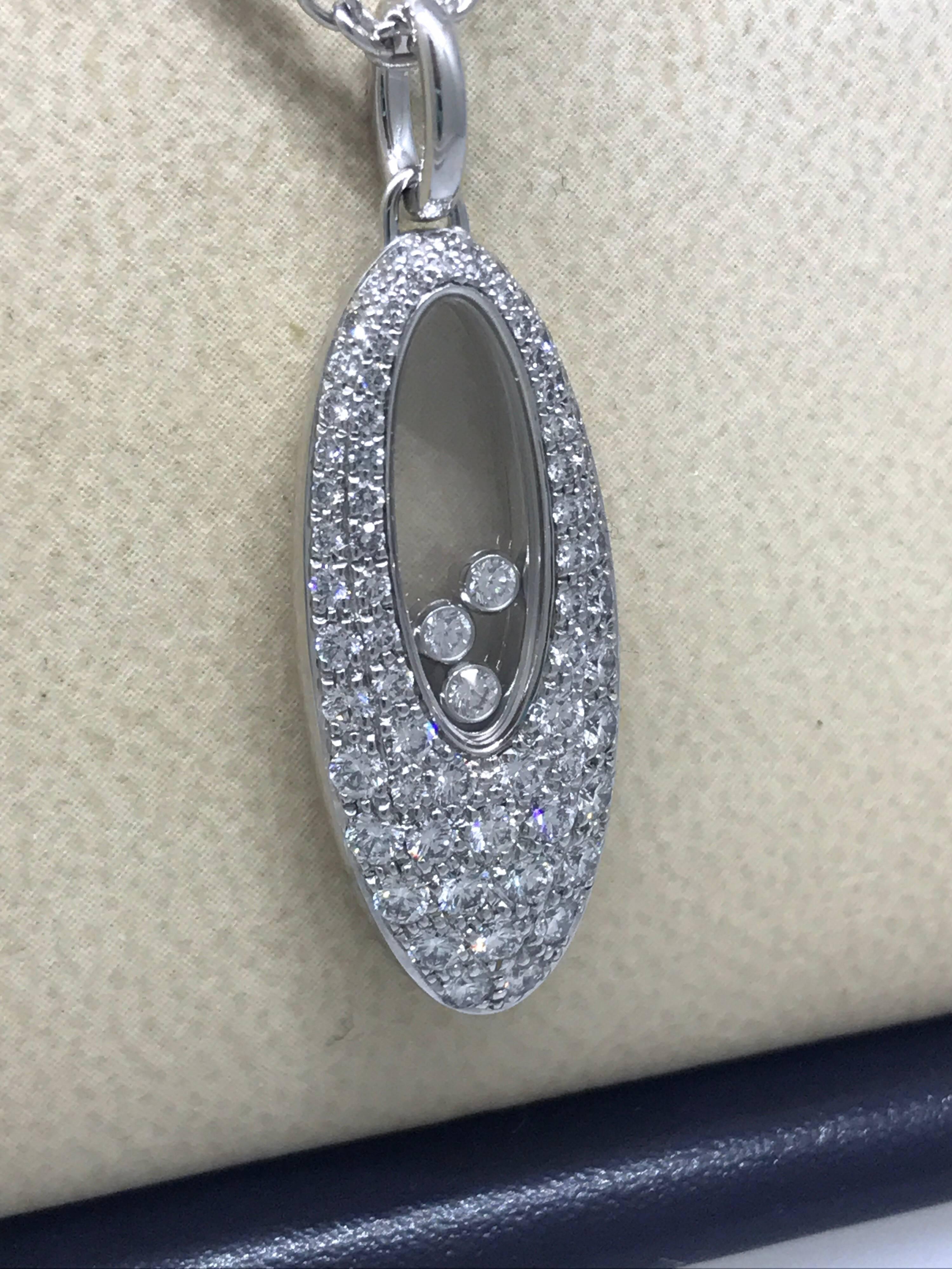 Chopard Happy Diamonds Oval Pendant / Necklace

Model Number: 79/7782-1201

100% Authentic

Brand New

Comes with original Chopard box, certificate of authenticity and warranty and jewels manual

18 Karat White Gold (11.81gr)

68 Diamonds on the