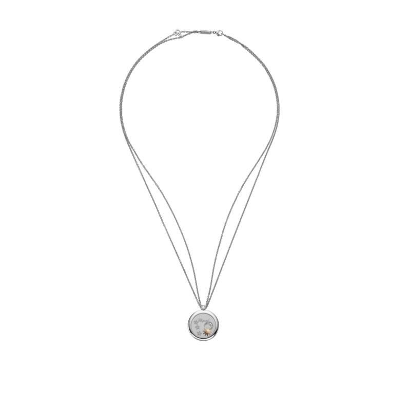 Chopard HAPPY DIAMONDS PENDANT with 18-carat rose gold, 18-carat white gold and diamonds. Adorned with fascinating astral moving elements, the Happy Diamonds pendant reveals a diamond-set 18K white gold dancing moon and three stars along with an 18K