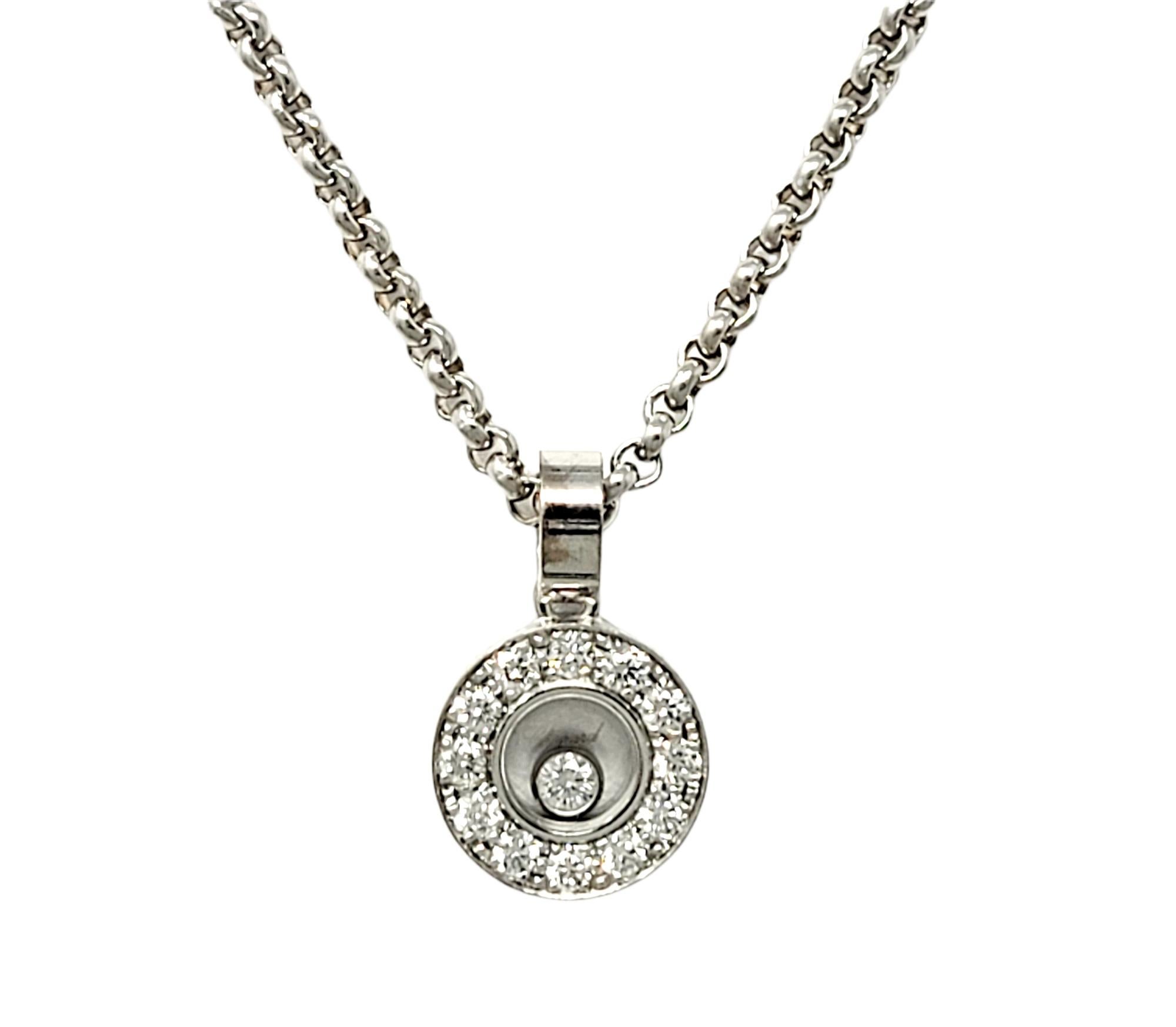 Contemporary Chopard Happy Diamonds Round Pave Halo Pendant Necklace in 18 Karat White Gold