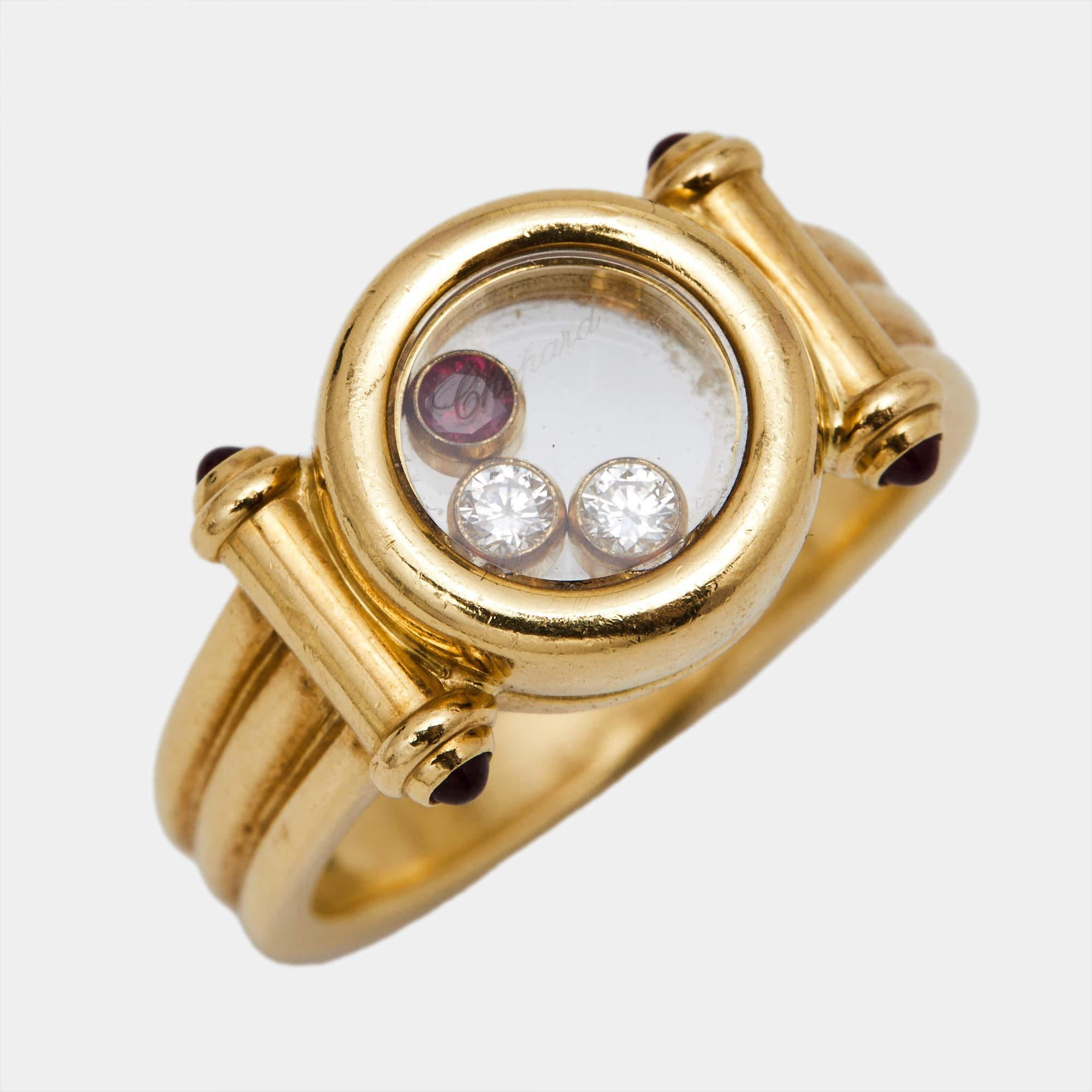 Chopard Happy Diamonds Ruby 18k Yellow Gold Ring Size 56 1
