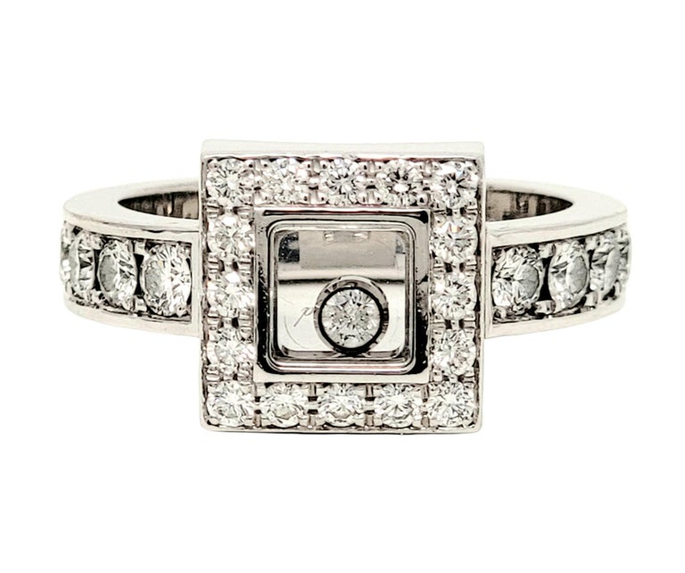 Contemporary Chopard Happy Diamonds Square Pave Halo Band Ring in 18 Karat White Gold For Sale