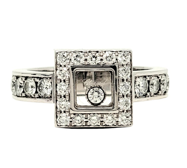 Round Cut Chopard Happy Diamonds Square Pave Halo Band Ring in 18 Karat White Gold For Sale