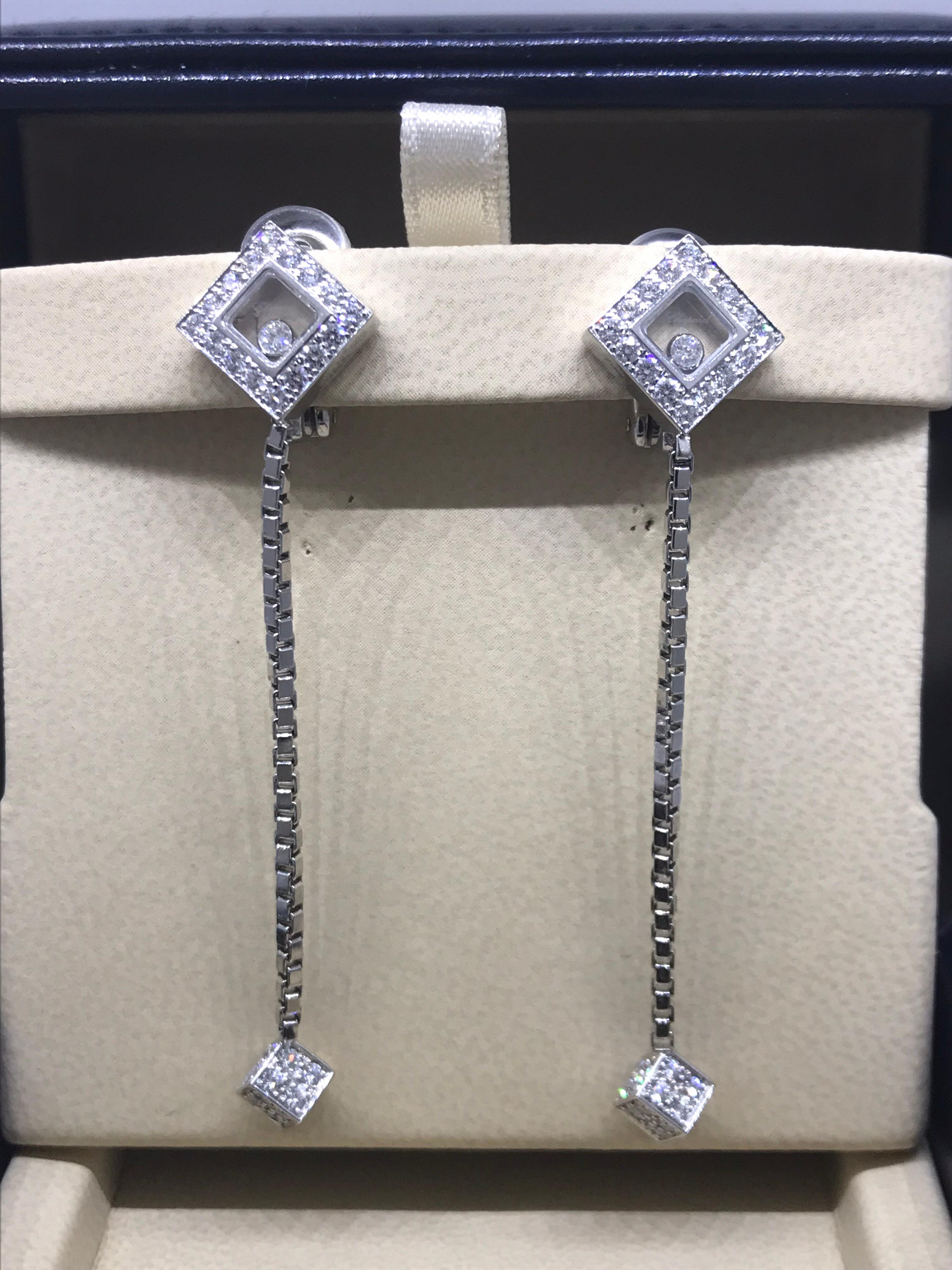 Chopard Happy Diamonds Square White Gold and Diamond Gold Long Clip-On Earrings In Excellent Condition For Sale In New York, NY