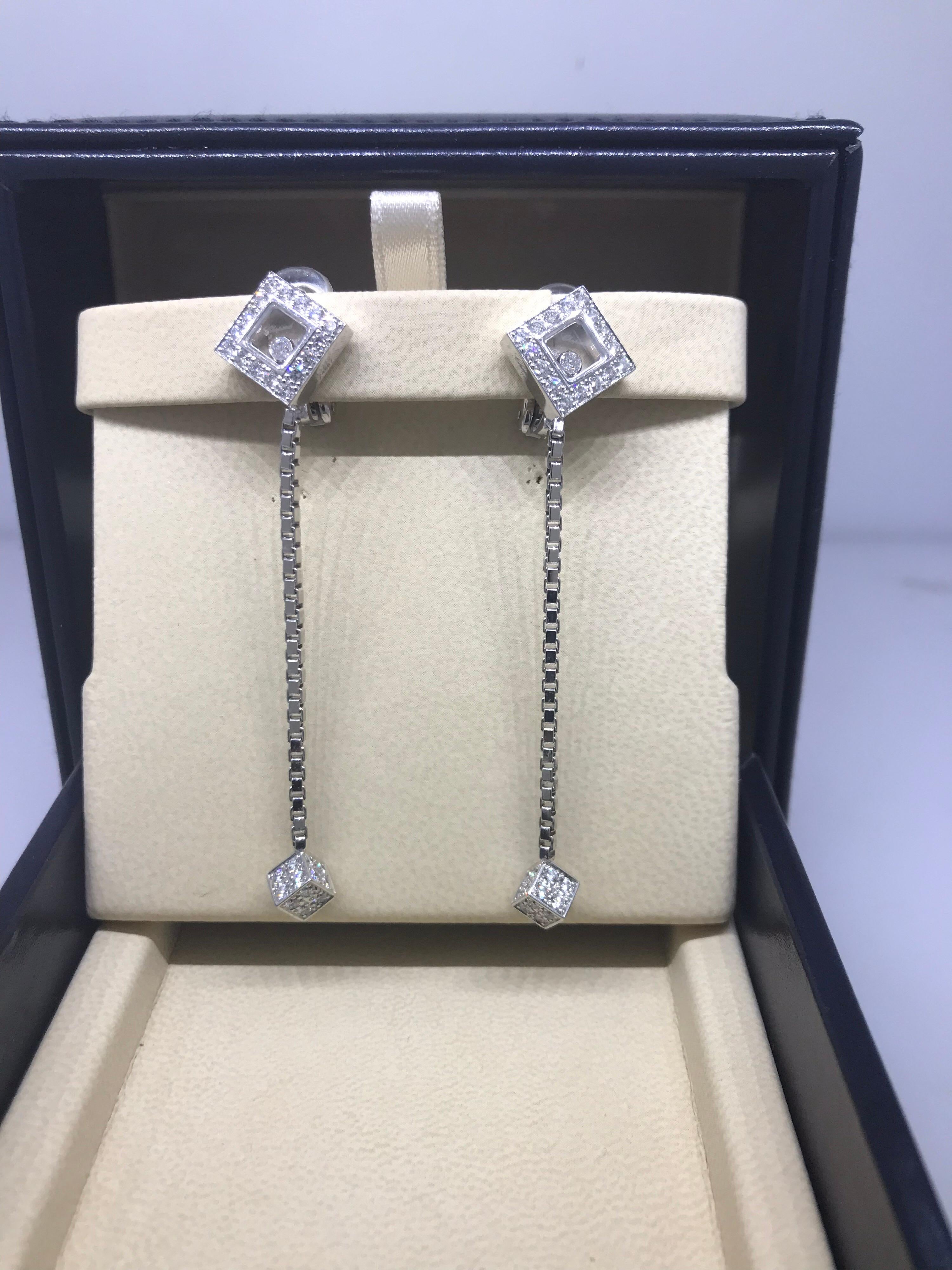 Women's Chopard Happy Diamonds Square White Gold and Diamond Gold Long Clip-On Earrings For Sale