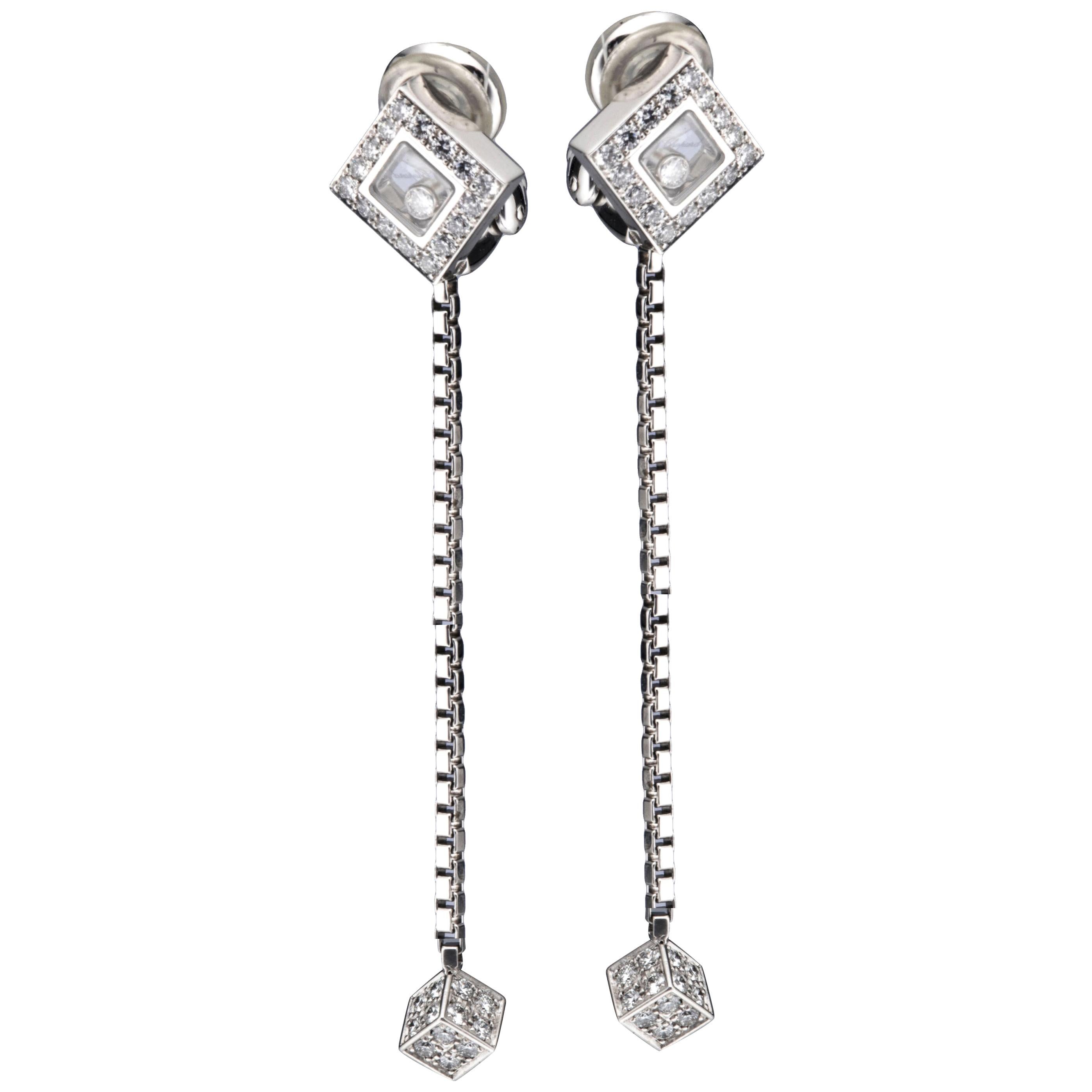 Chopard Happy Diamonds Square White Gold and Diamond Gold Long Clip-On Earrings For Sale