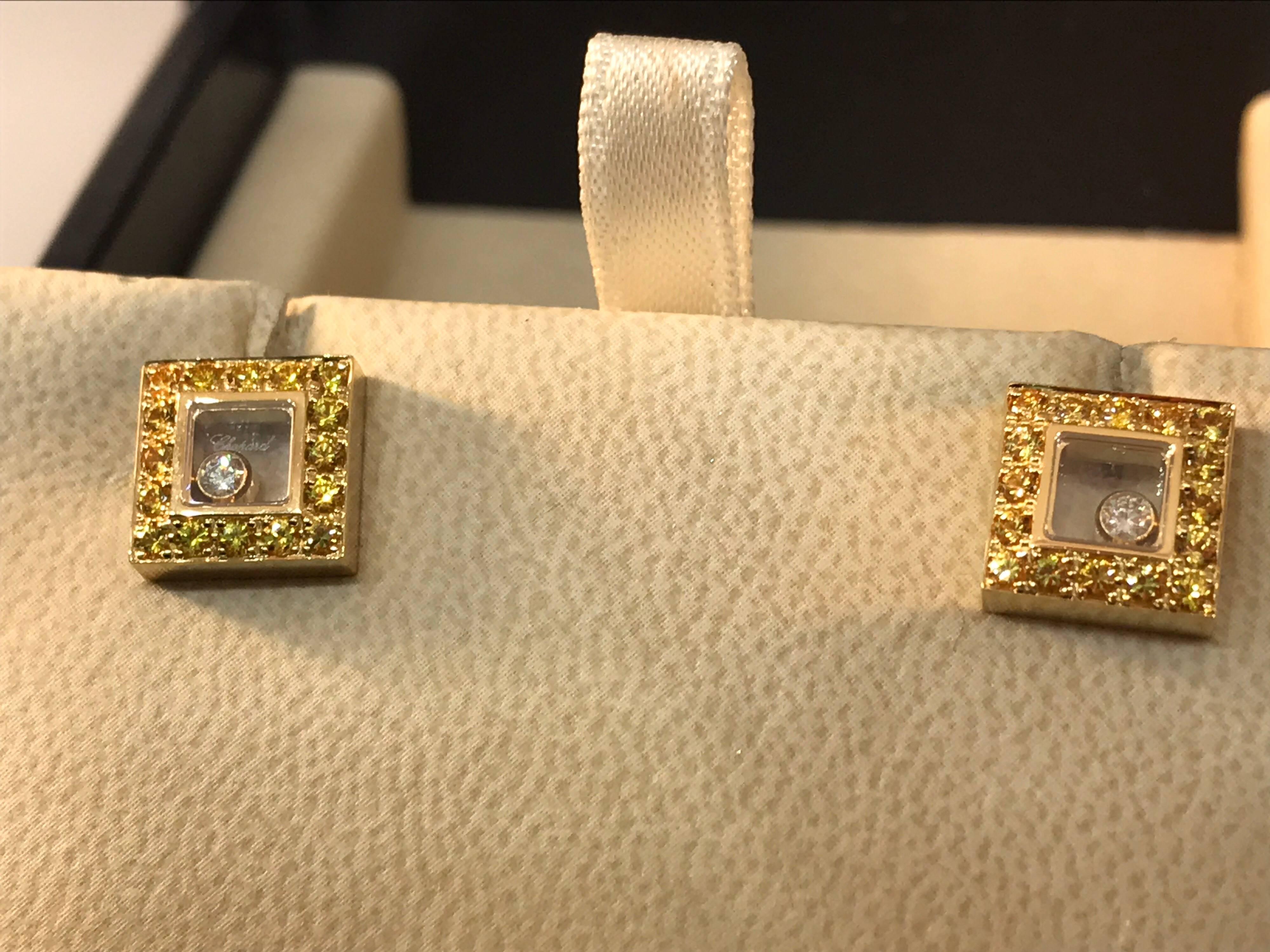 Chopard Happy Diamonds Square Yellow Gold Sapphire and Diamond Earrings In New Condition For Sale In New York, NY