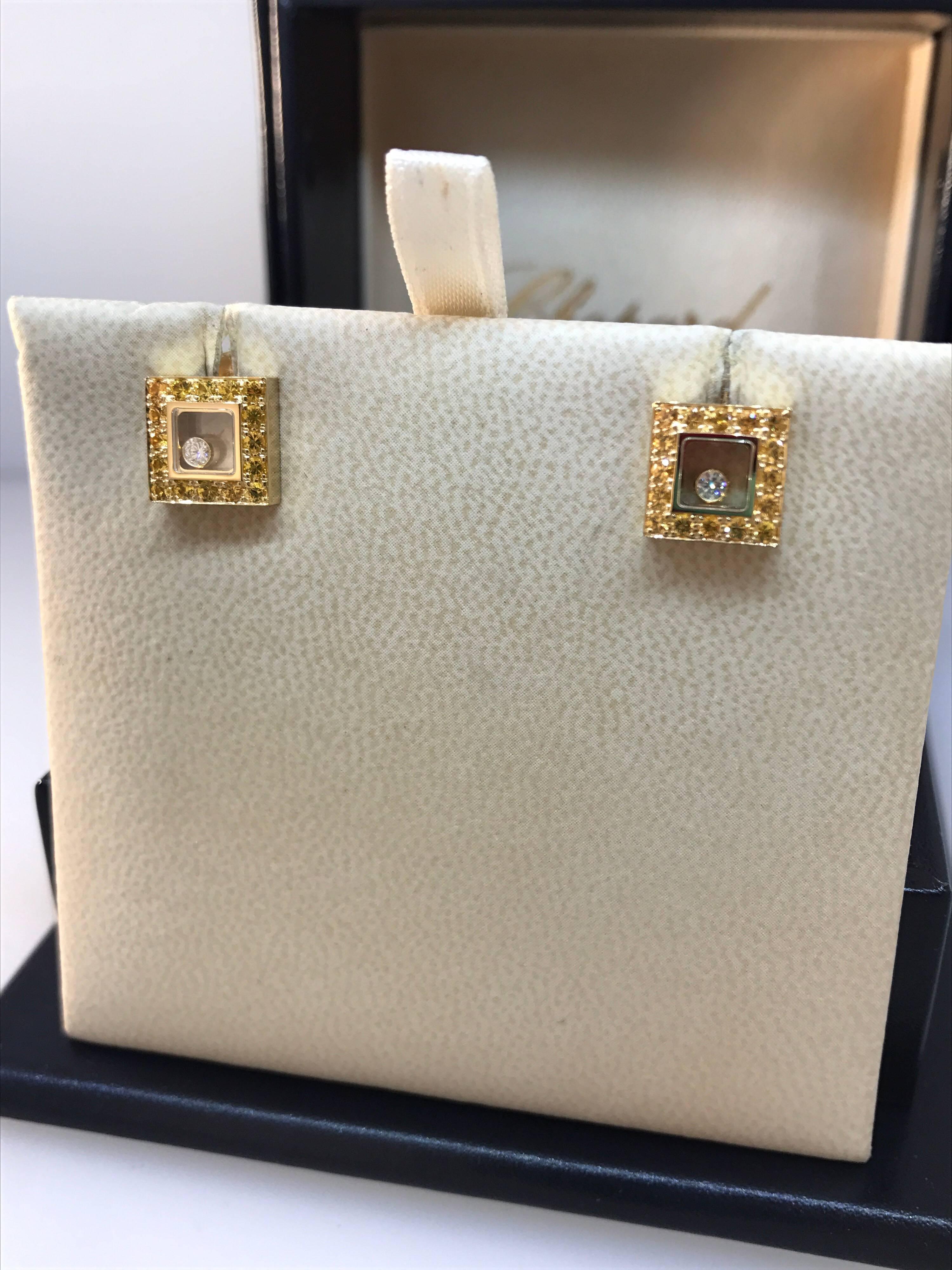 Women's Chopard Happy Diamonds Square Yellow Gold Sapphire and Diamond Earrings For Sale
