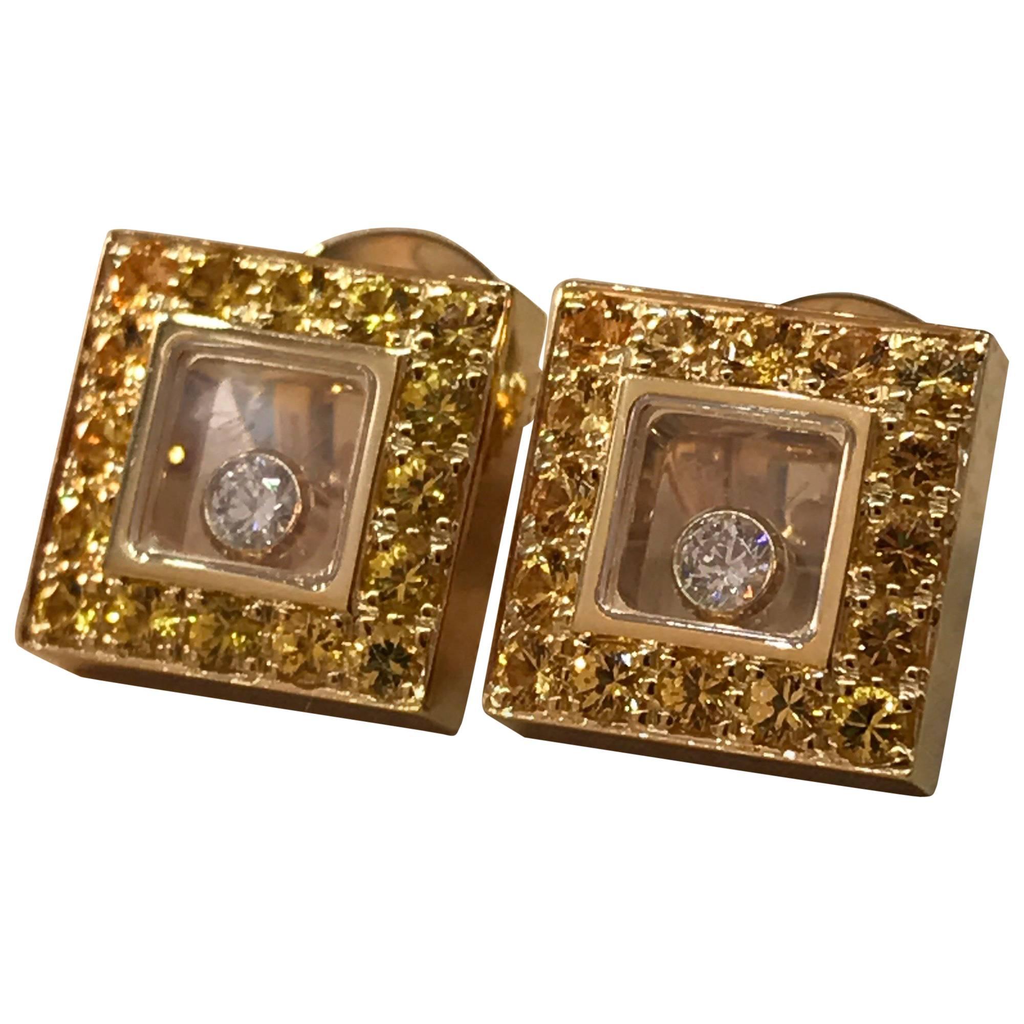 Chopard Happy Diamonds Square Yellow Gold Sapphire and Diamond Earrings For Sale