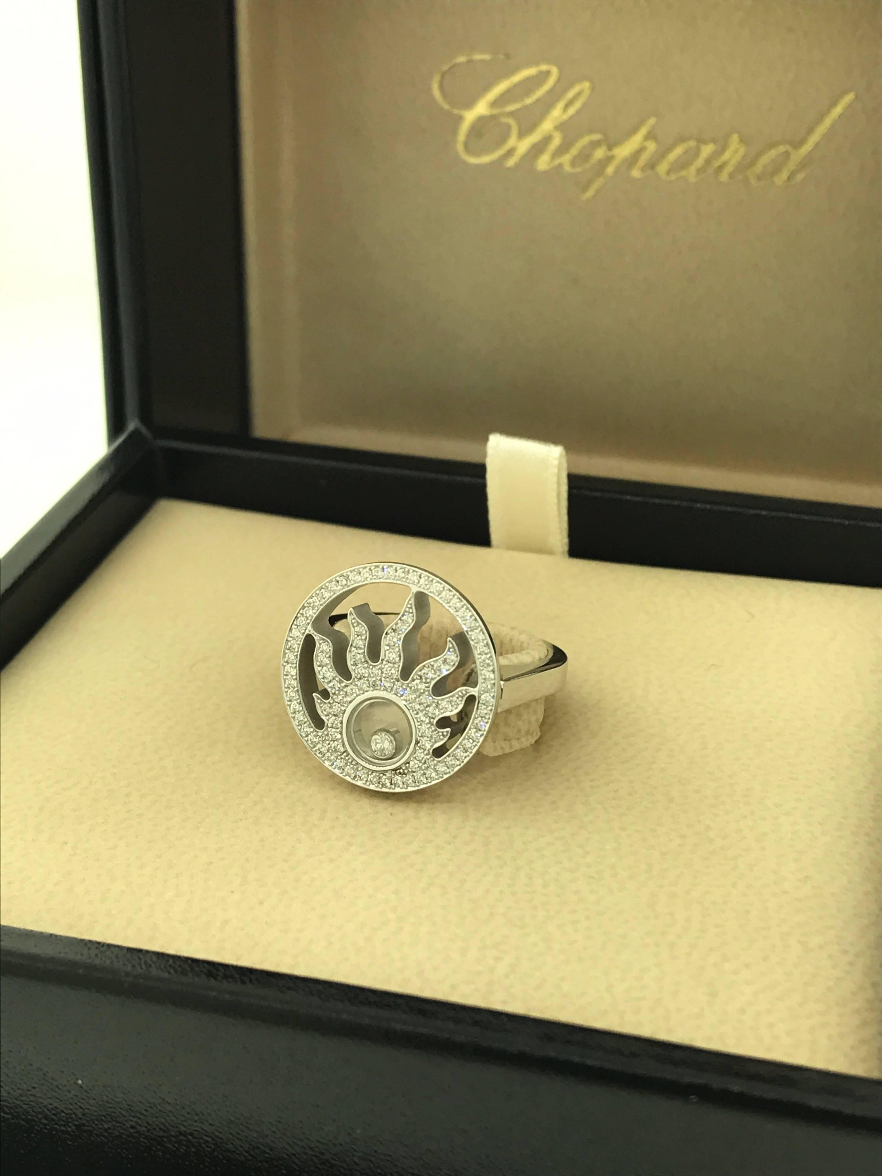 Chopard Happy Diamonds Sun Ring

Model Number: 82/6981-1110

100% Authentic

Brand New

Comes with original Chopard box, certificate of authenticity and warranty, and jewels manual

18 Karat White Gold (10.60gr)

95 Diamonds on the ring (.24