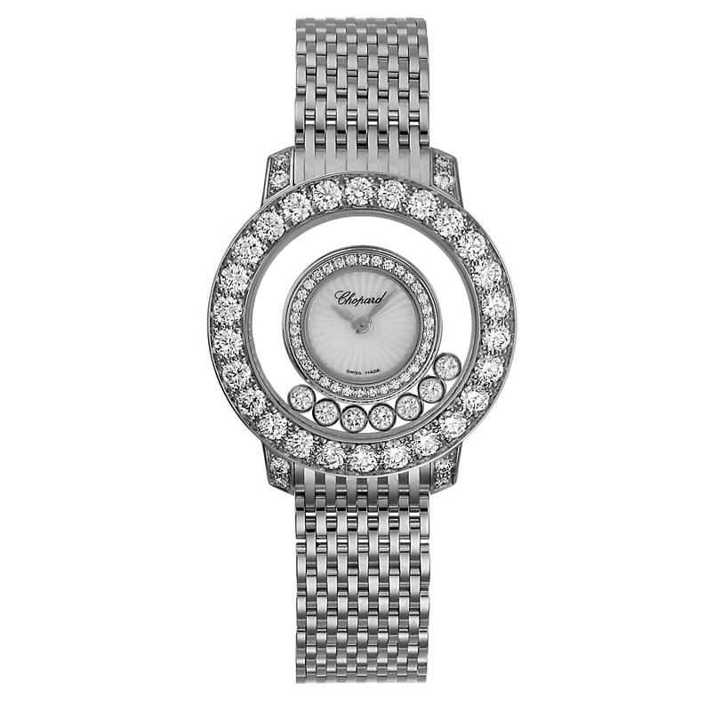 Chopard happy Diamonds Ladies Watch.
QUARTZ MOVEMENT
DIAL: MOTHER OF PEARL
68 DIAMONDS = 2,60 CT 
 7 DIAMONDS = 0,39 CT MOVING
DEPLOYMENT BUCKLE
209413-1001
