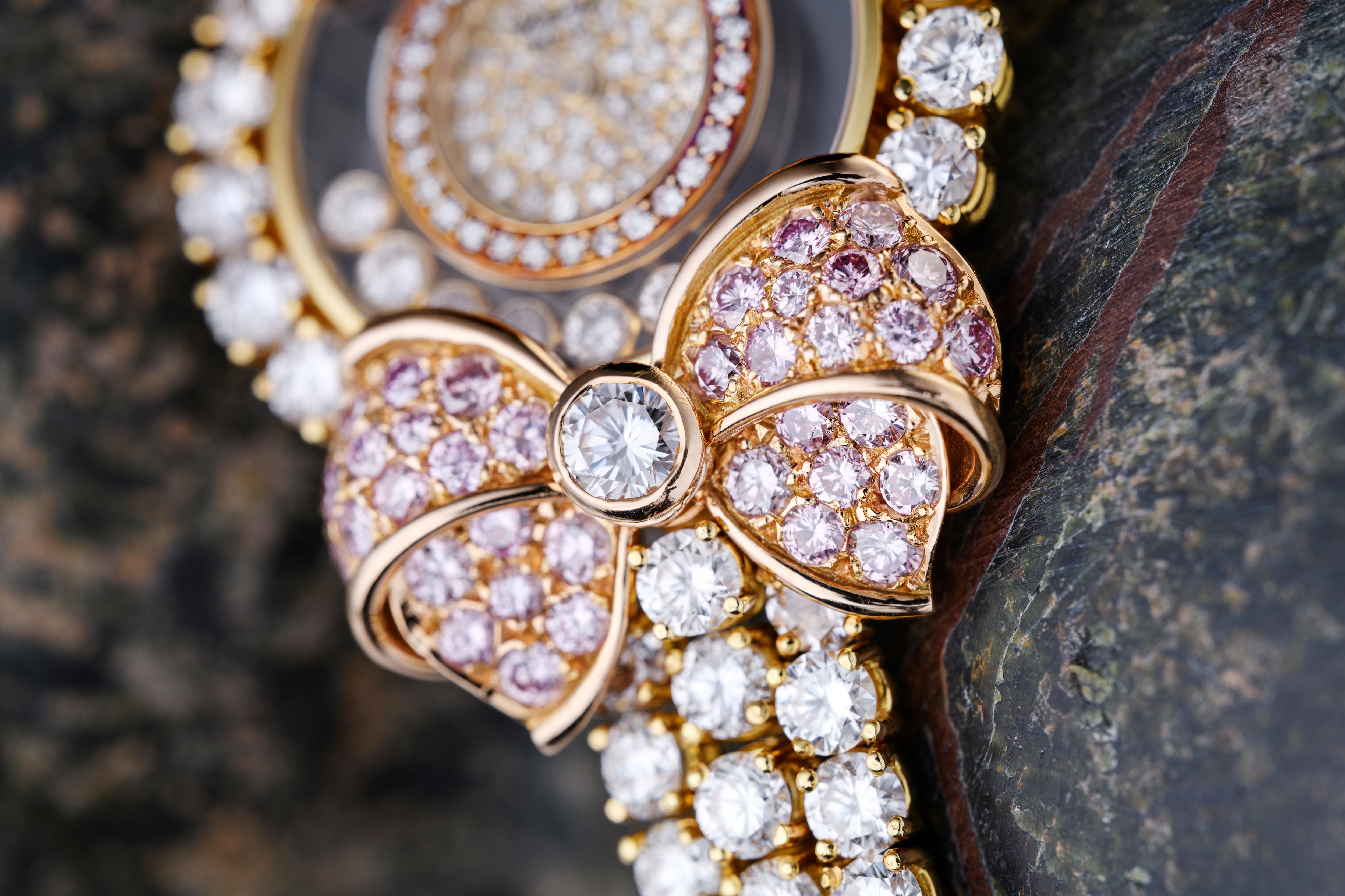 Brilliant Cut Chopard Happy Diamonds, White and Pink Diamond Bow Watch For Sale