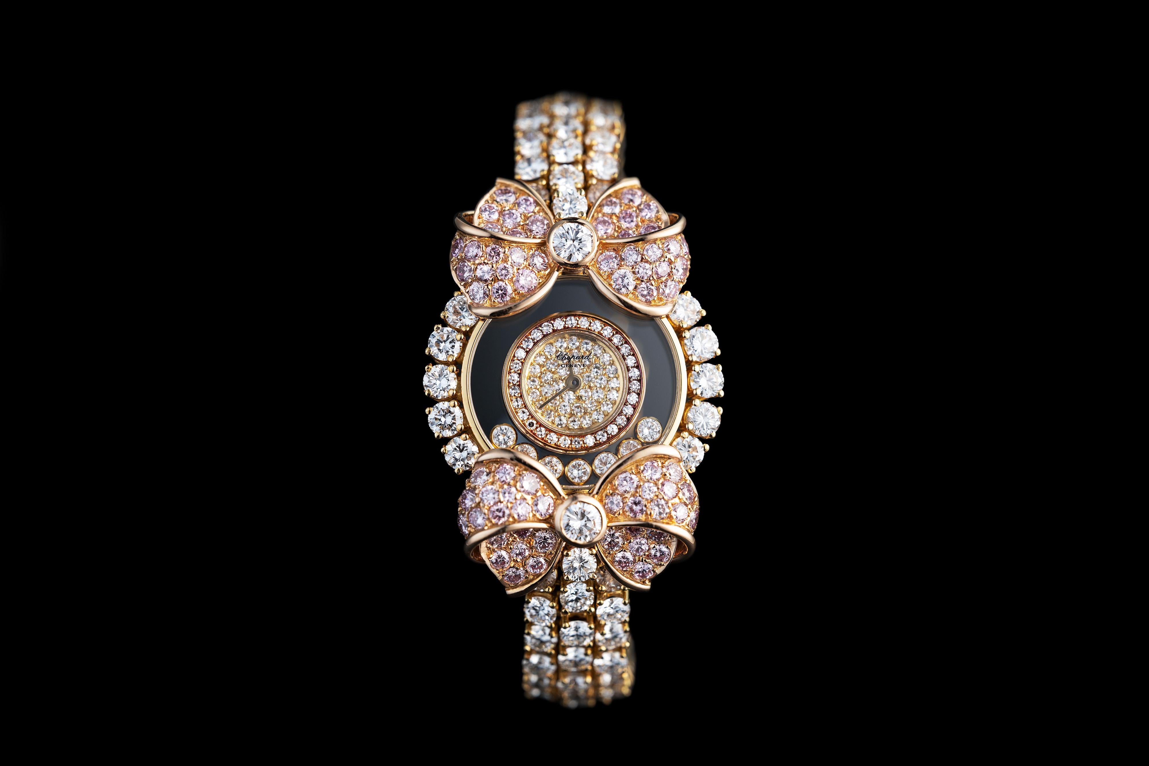 Chopard Happy Diamonds, White and Pink Diamond Bow Watch In Excellent Condition For Sale In London, GB