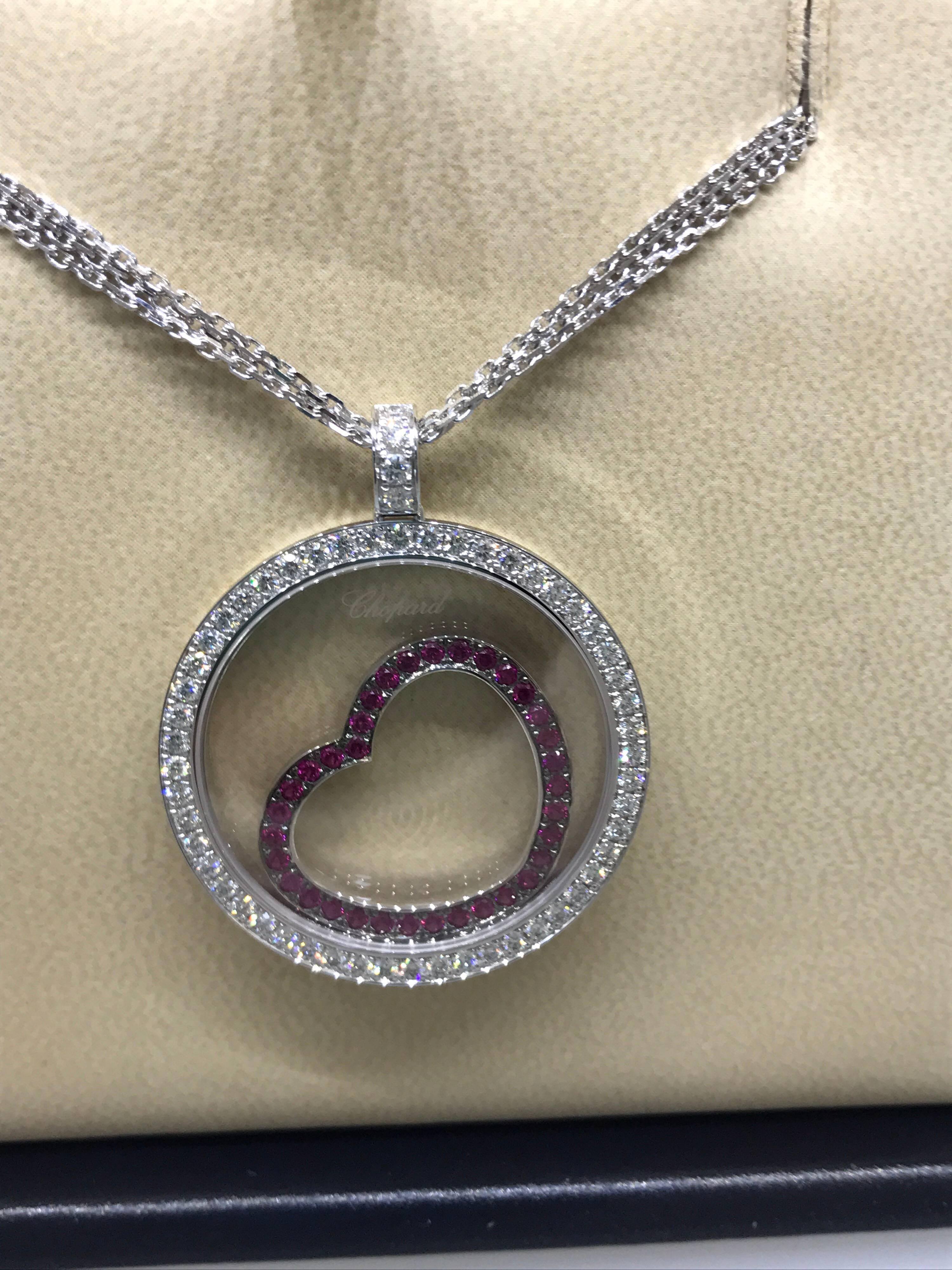 Chopard Happy Diamonds White Gold Diamond and Rubies Heart Pendant Necklace New In New Condition In New York, NY