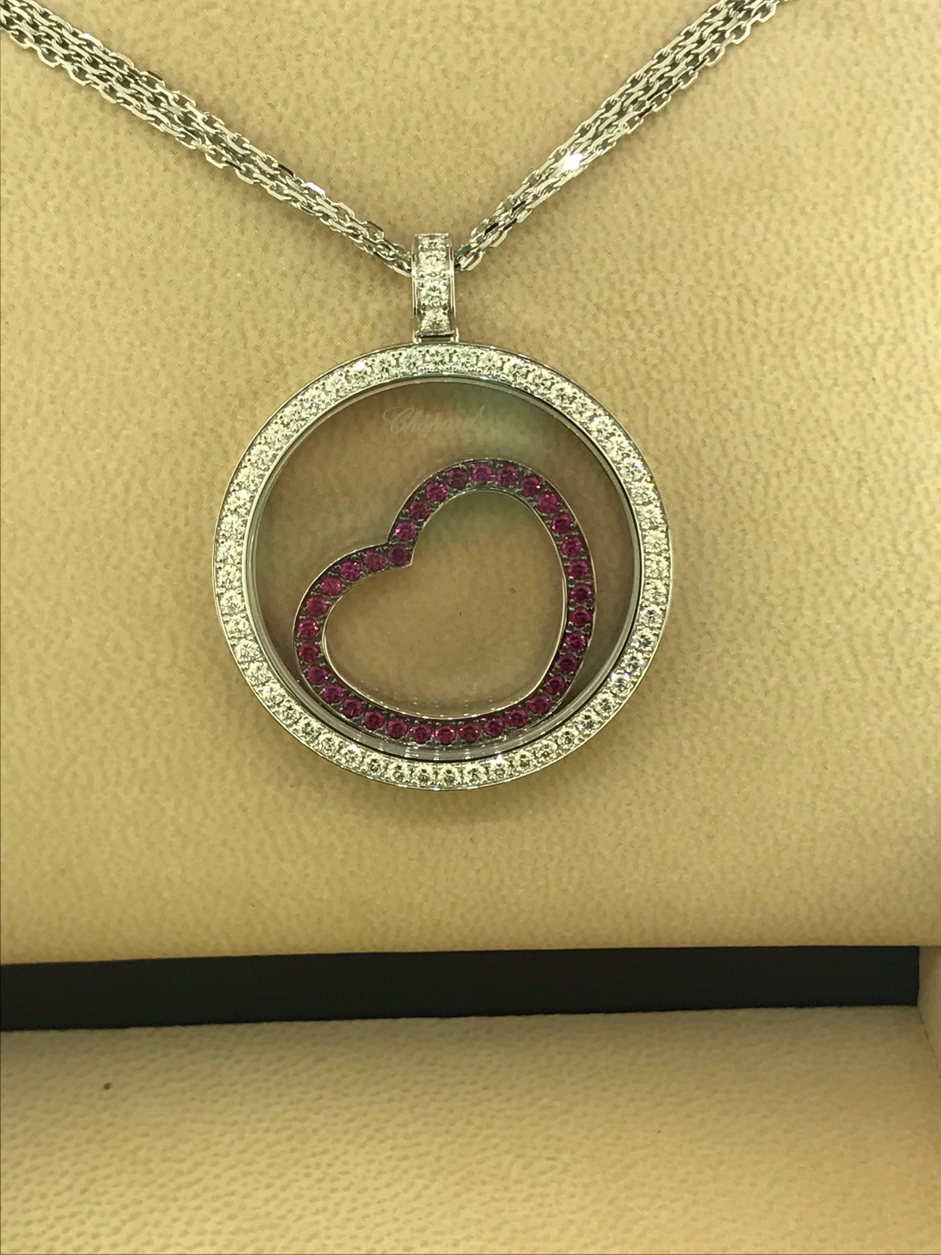 Women's or Men's Chopard Happy Diamonds White Gold Diamond and Rubies Heart Pendant Necklace New