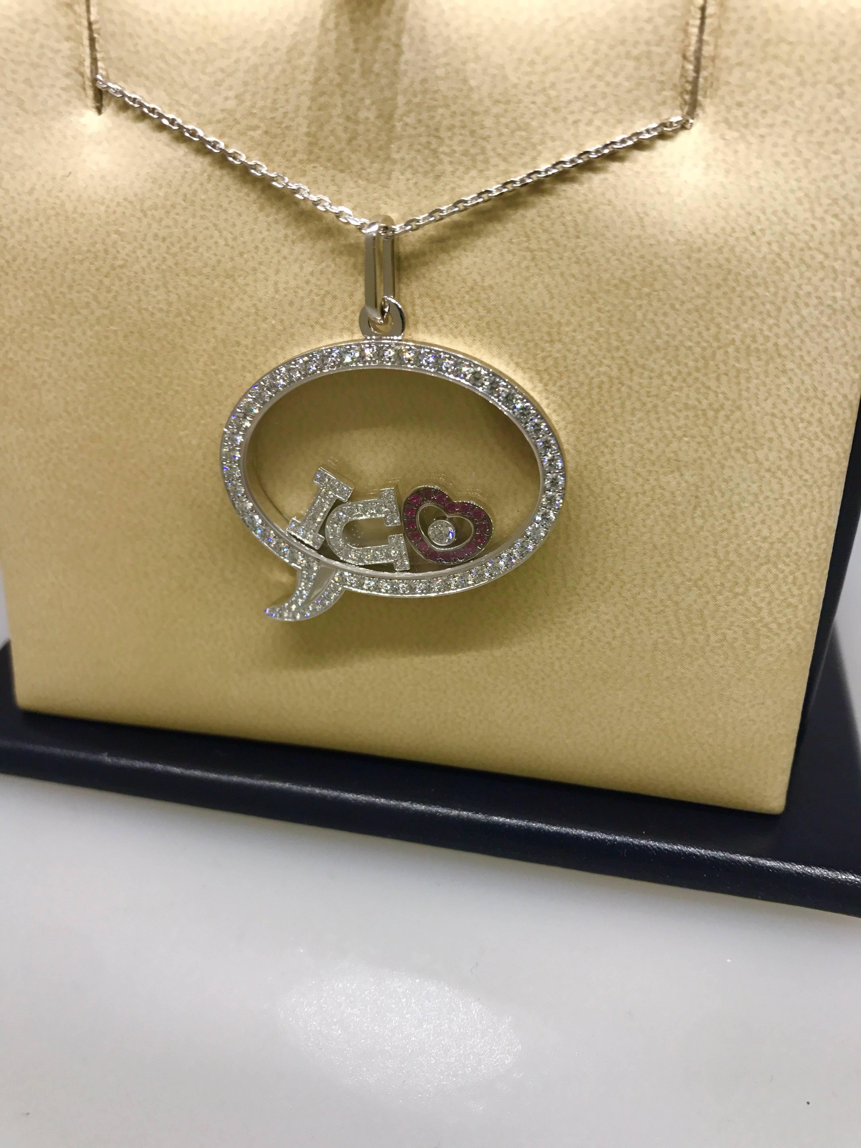 Chopard Happy Diamonds I Love U Pendant / Necklace

Model Number: 79/5749-1003

100% Authentic

Brand New

Comes with original Chopard box, certificate of authenticity and warranty, and jewels manual

18 Karat White Gold (21.60gr)

85 Diamonds on