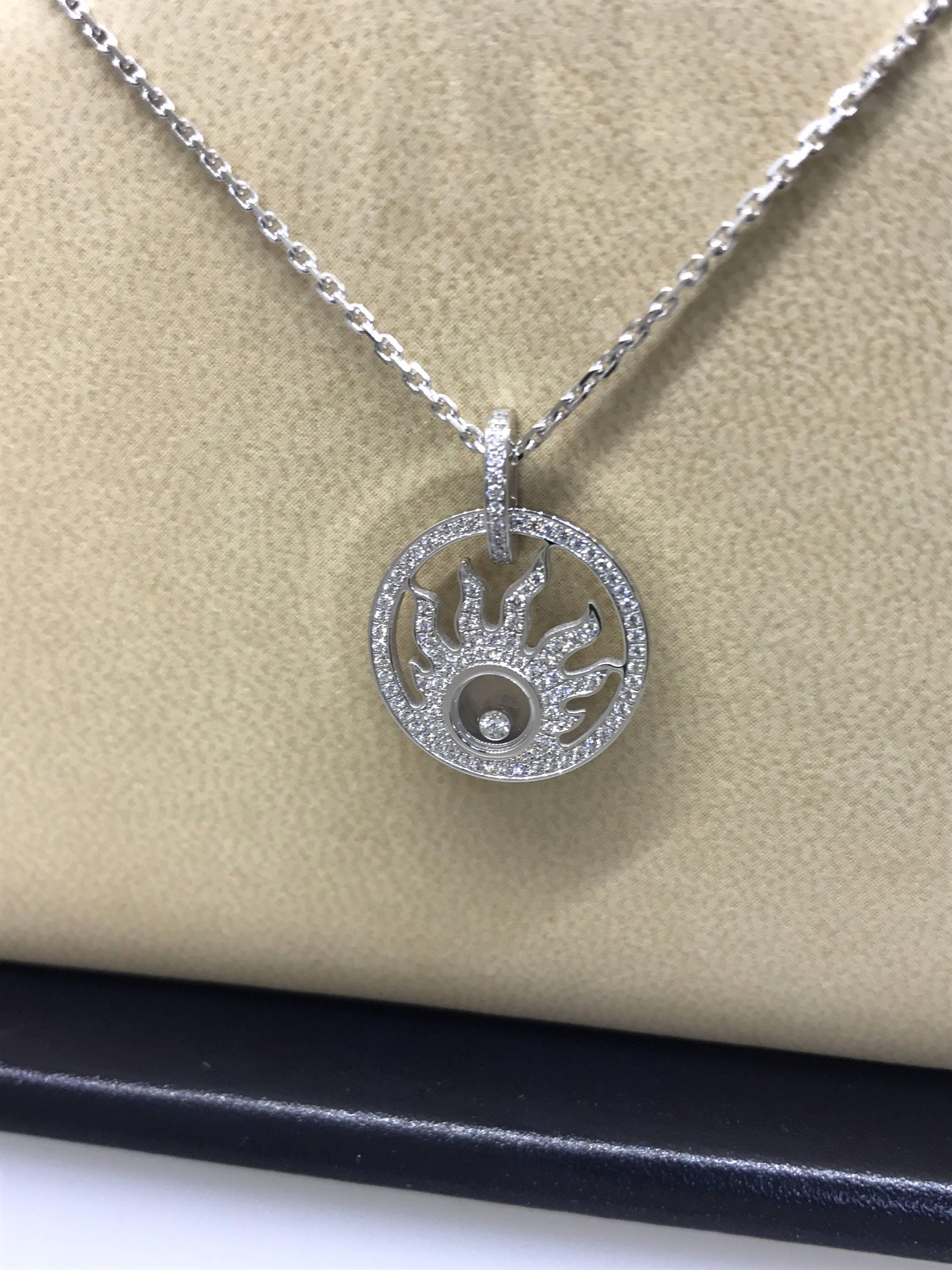 Chopard Happy Diamonds Sun Pendant / Necklace

Model Number: 79/6981-1001

100% Authentic

Brand New

Comes with original Chopard box, certificate of authenticity and warranty, and jewels manual

18 Karat White Gold (7.80gr)

107 Diamonds on the