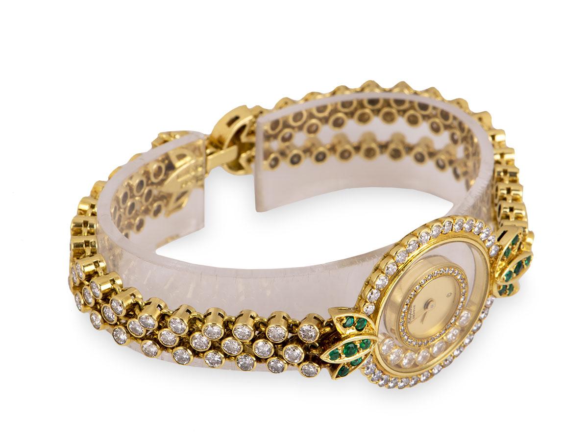 Round Cut Chopard Happy Diamonds Yellow Gold Champagne Dial Diamond and Emerald Set Watch